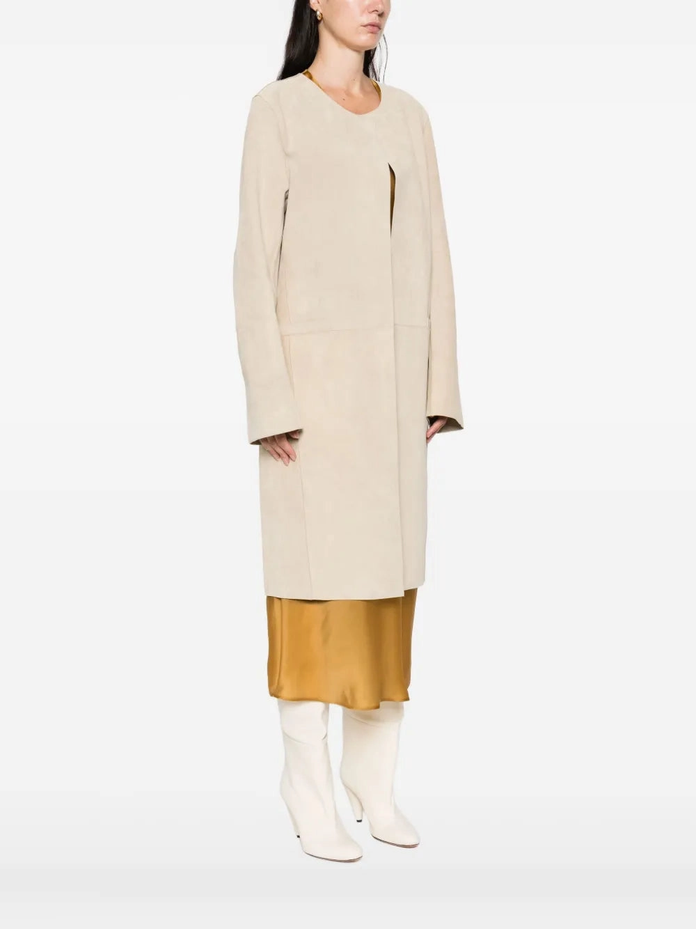 Shrink resistant Collarless Suede Coat in Peanut