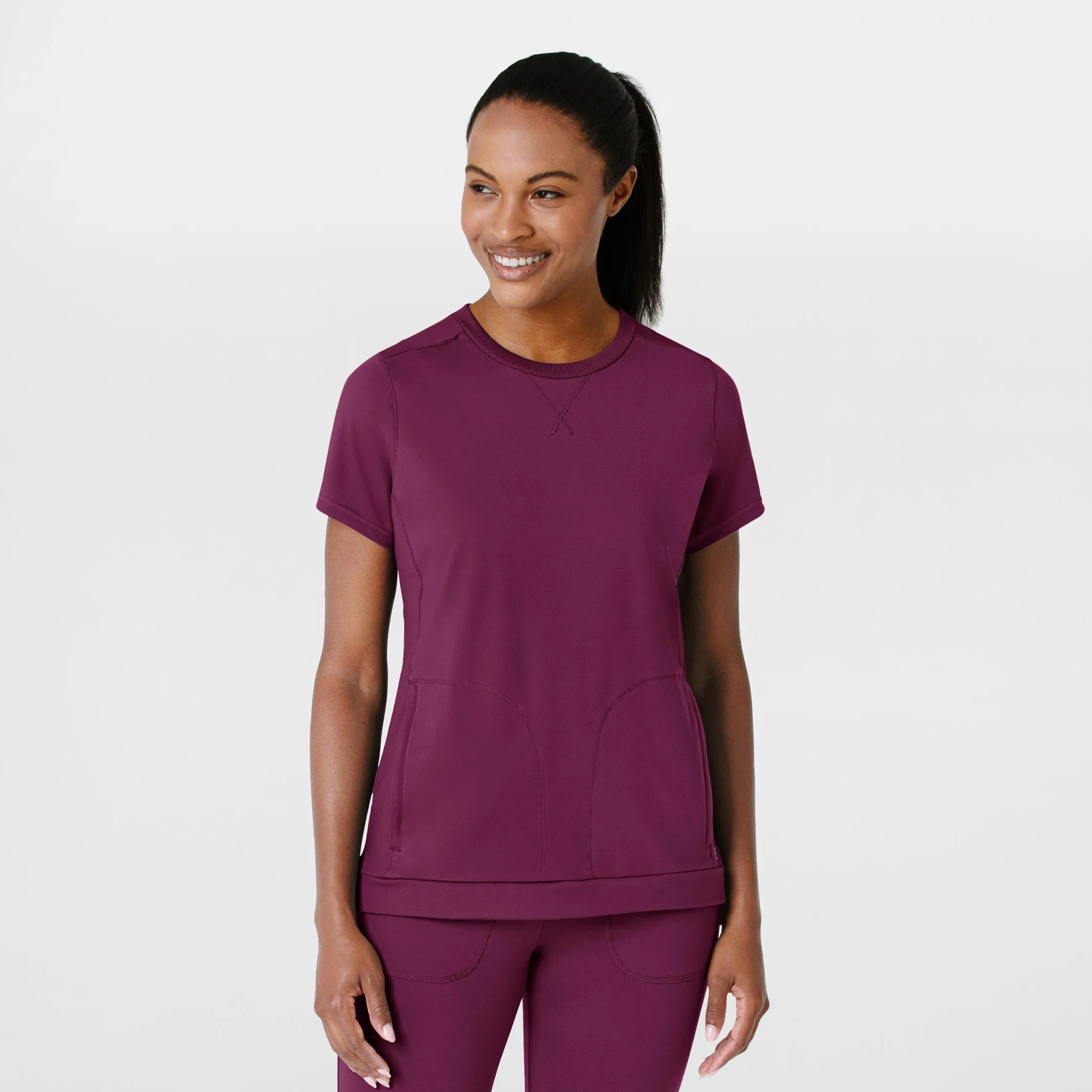 Double Stitched Hems RENEW Knit Women's Flex-n-Reach Crew Neck Scrub Top - Wine