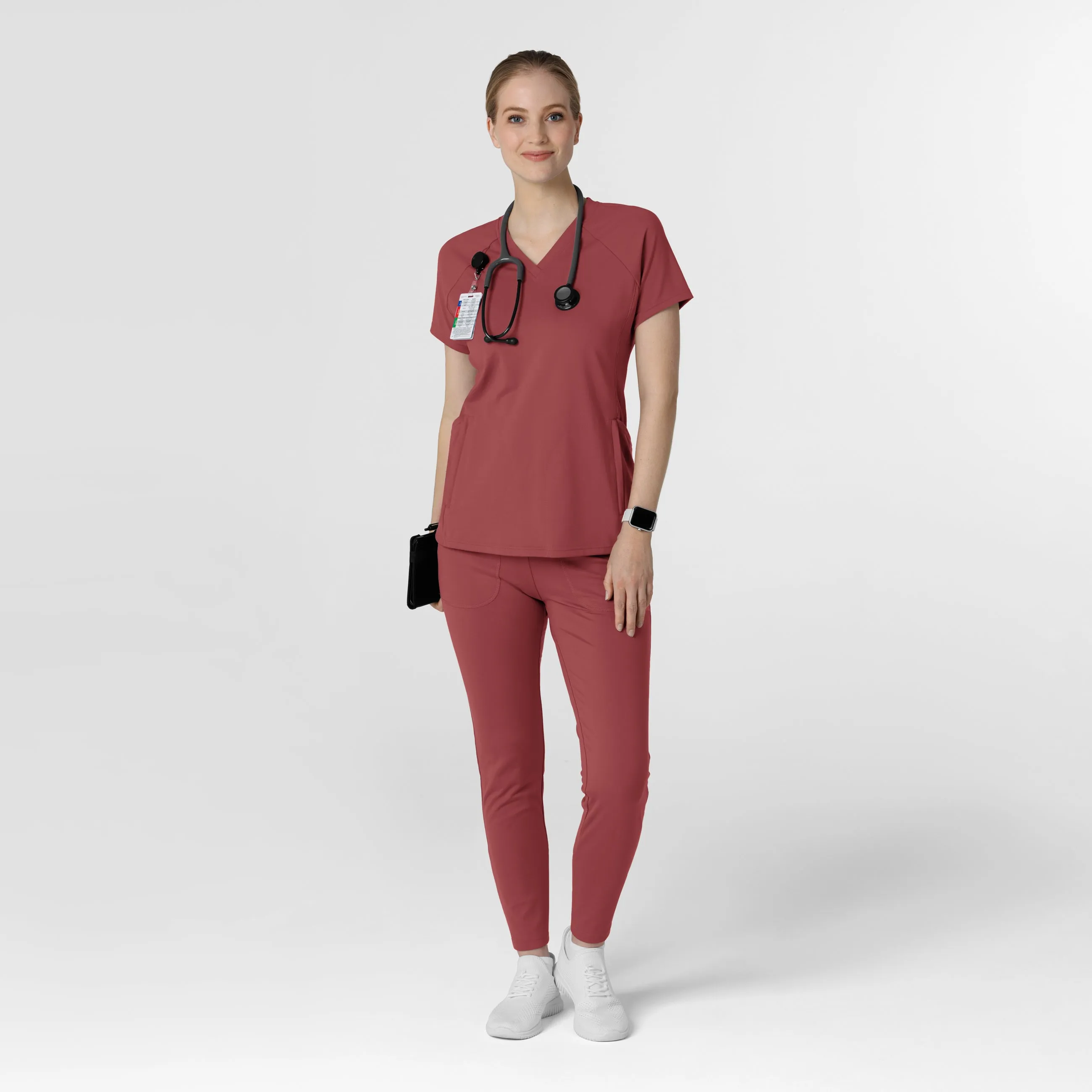 EcoCertified Material Minimalist Detailing RENEW Knit Women's Flex-n-Reach V-Neck Raglan Scrub Top - Ruby