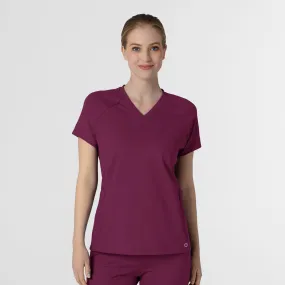 RENEW Knit Women's Flex-n-Reach V-Neck Raglan Scrub Top - Wine Bold Patterns Drop Shoulder Design