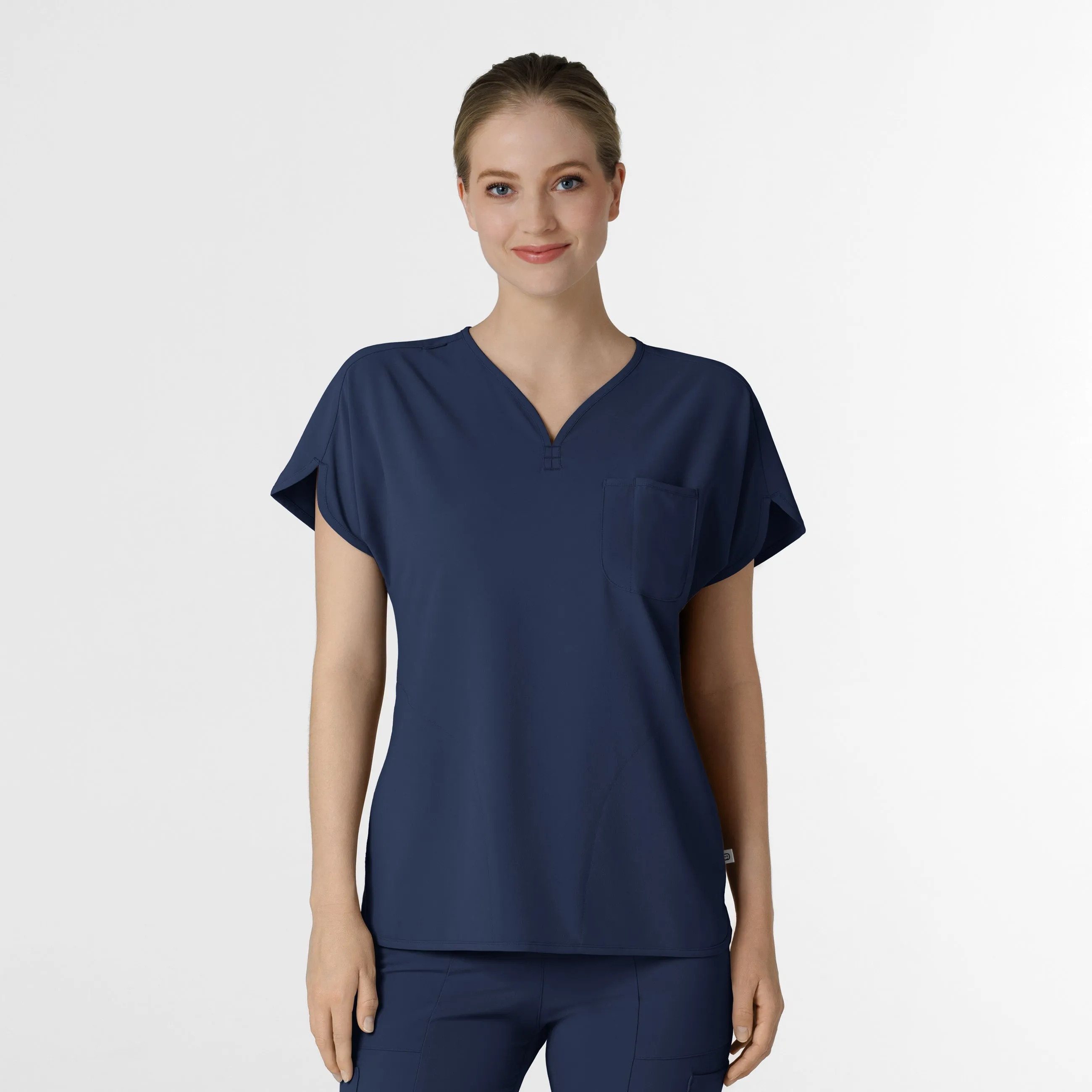 RENEW Women's Dolman Scrub Top - Navy Lightweight Weave Ribbed Neckline