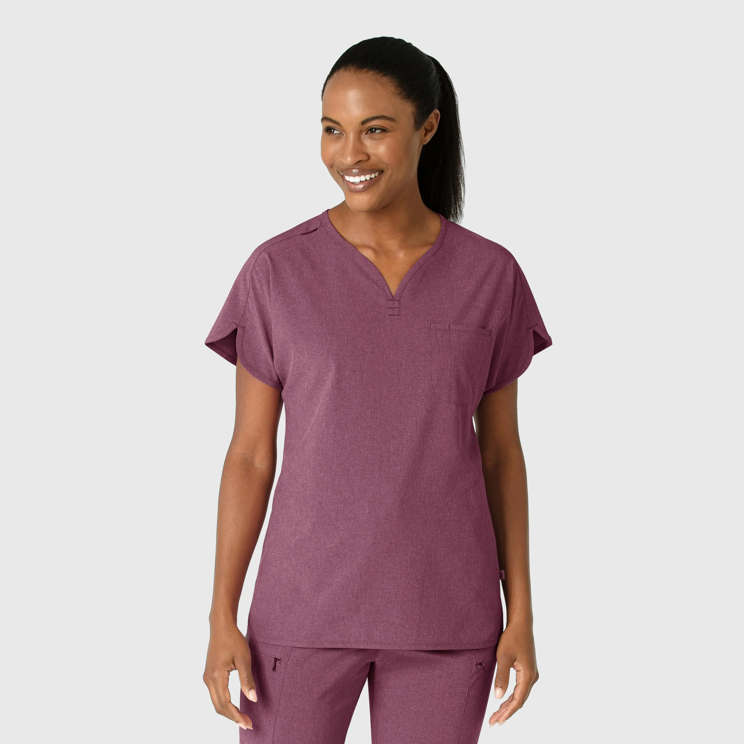 RENEW Women's Dolman Scrub Top - Wine Heather Flexible Waistband Adaptation