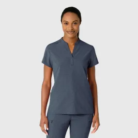 RENEW Women's Mandarin Collar Scrub Top - Navy Heather Double Chest Pocket Fashionable Shirt
