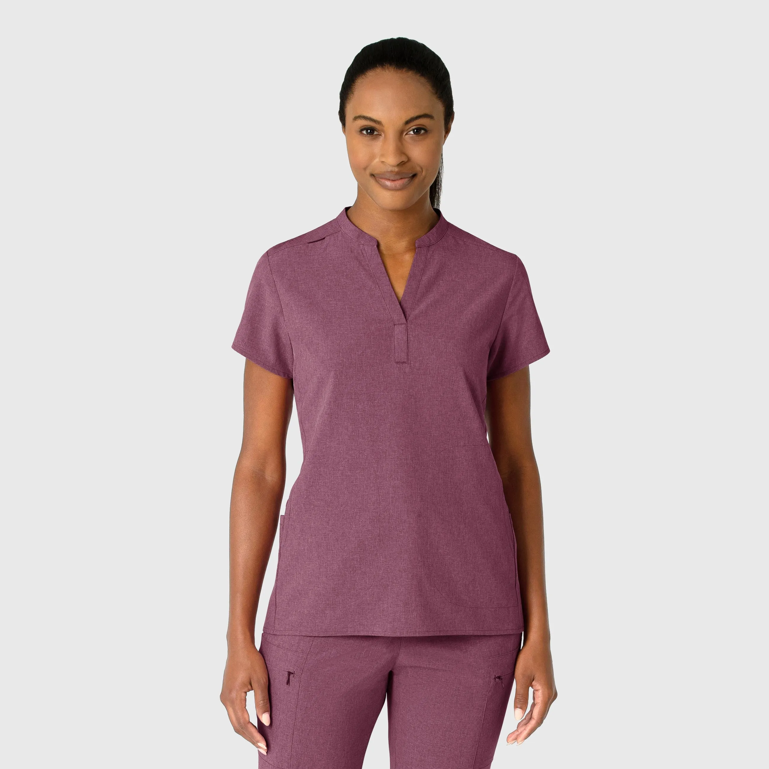 GarmentWashed Texture Cool and Breezy RENEW Women's Mandarin Collar Scrub Top - Wine Heather