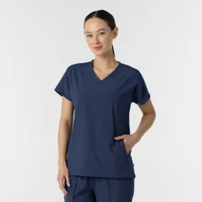RENEW Women's V-Neck Tunic Scrub Top - Navy CrossGrain Fabric Oversized Fit