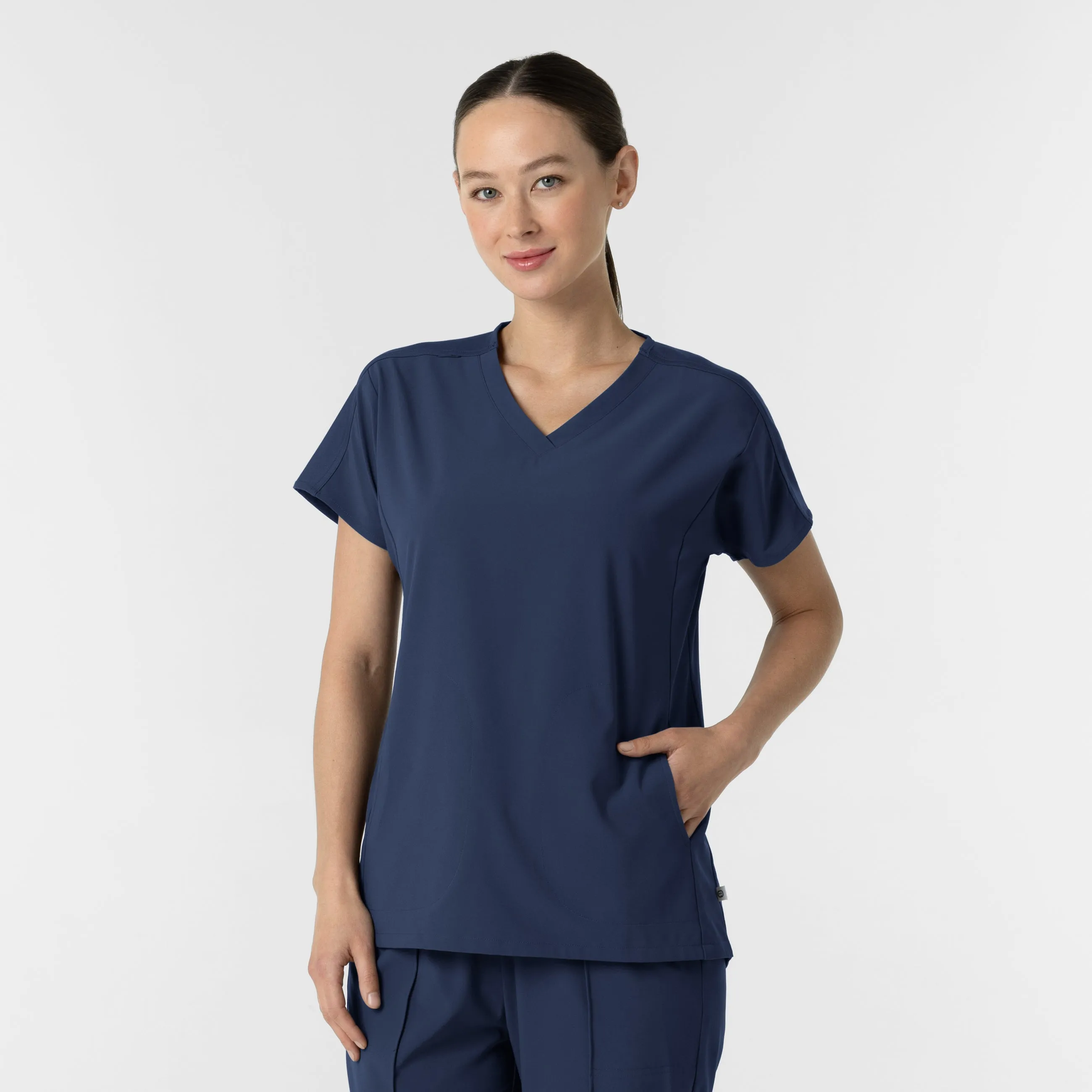 RENEW Women's V-Neck Tunic Scrub Top - Navy BreathableMeshPanels Wrinkle Free Weave
