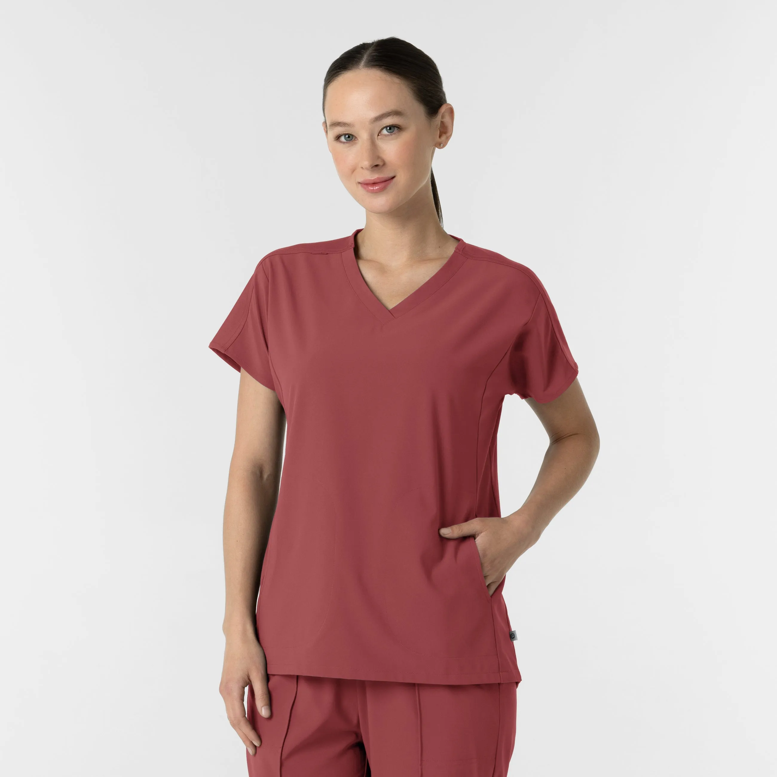 RENEW Women's V-Neck Tunic Scrub Top - Ruby AdjustableDrawstring