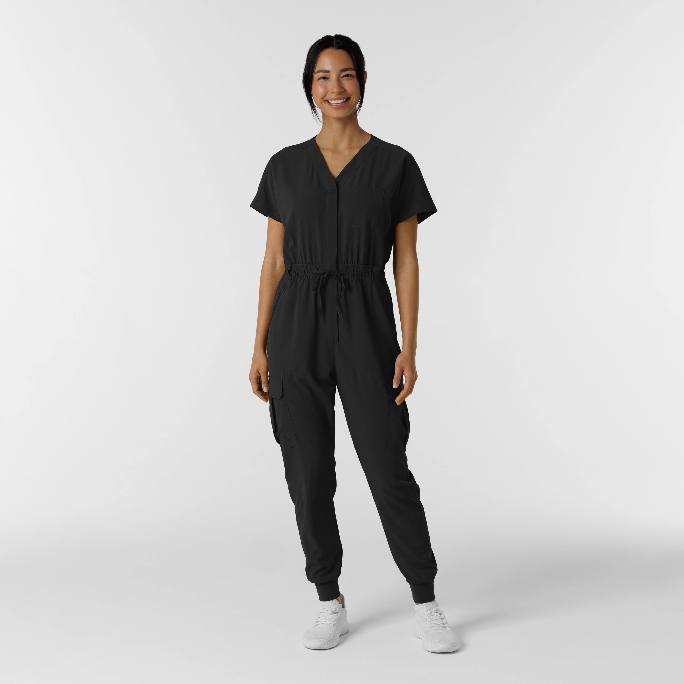 RENEW Women's Cargo Jogger Scrub Jumpsuit - Black High Waist Stretch Relax Mode