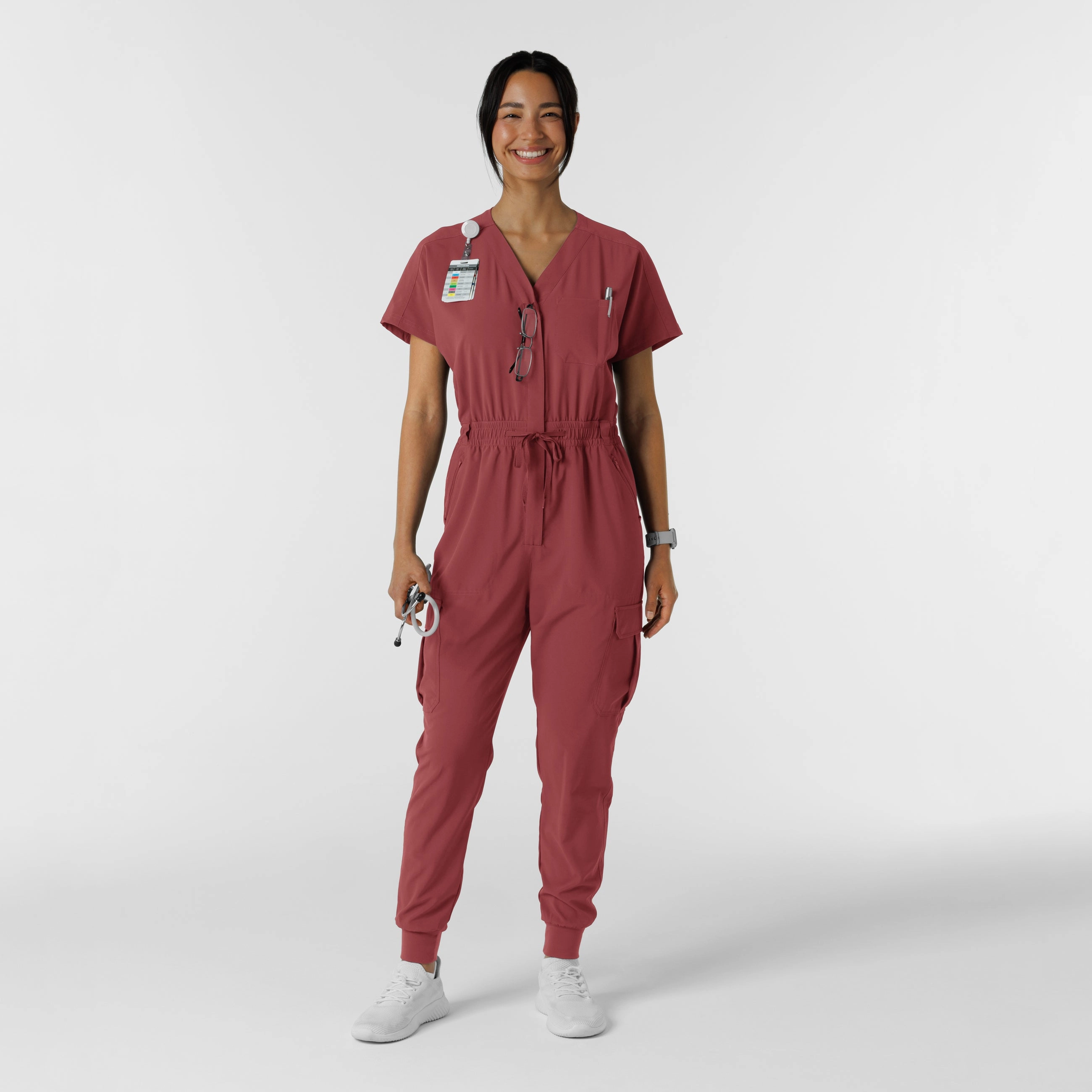 Tangle Free Cuffs RENEW Women's Cargo Jogger Scrub Jumpsuit - Ruby