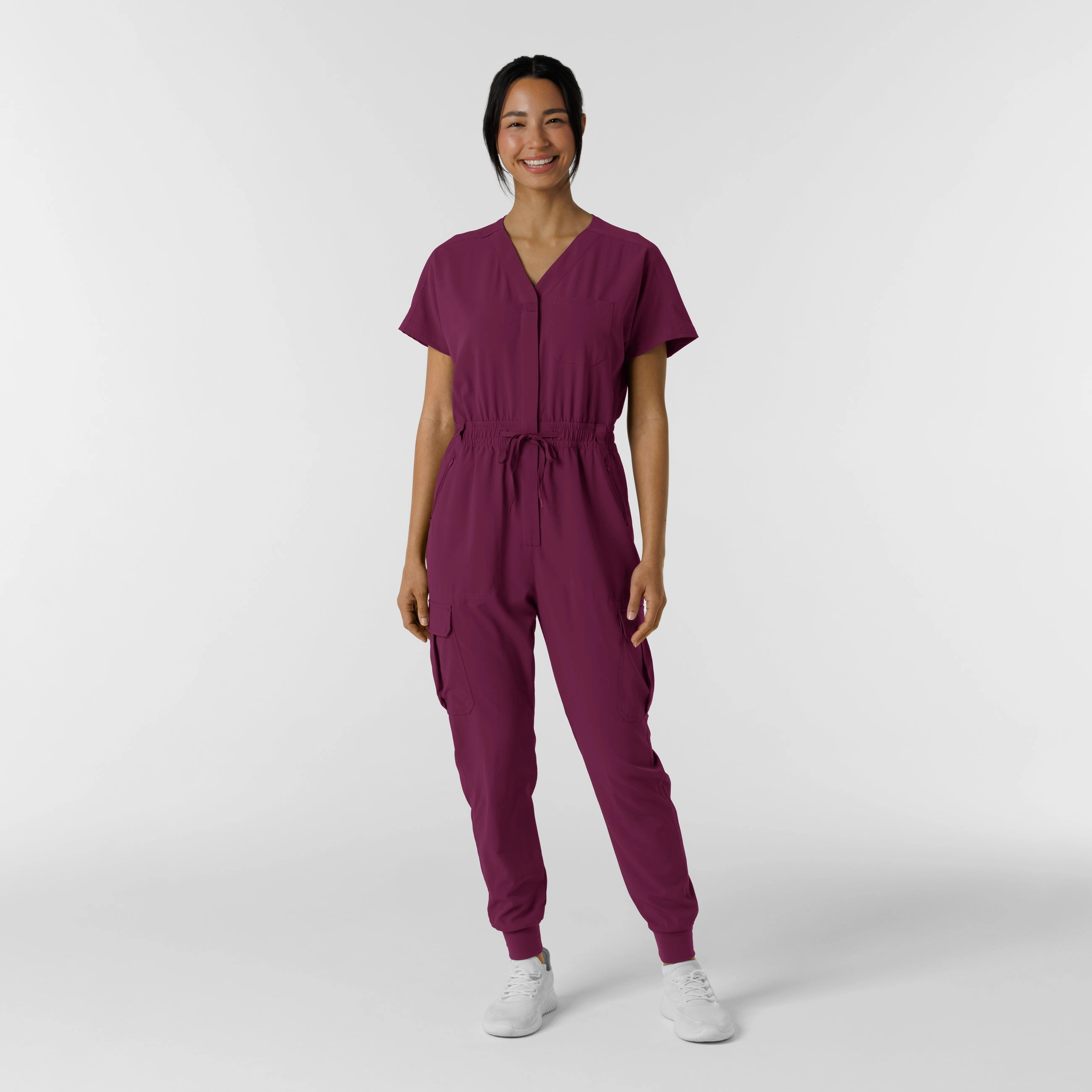 Stay Comfortable ReinforcedSeams RENEW Women's Cargo Jogger Scrub Jumpsuit - Wine