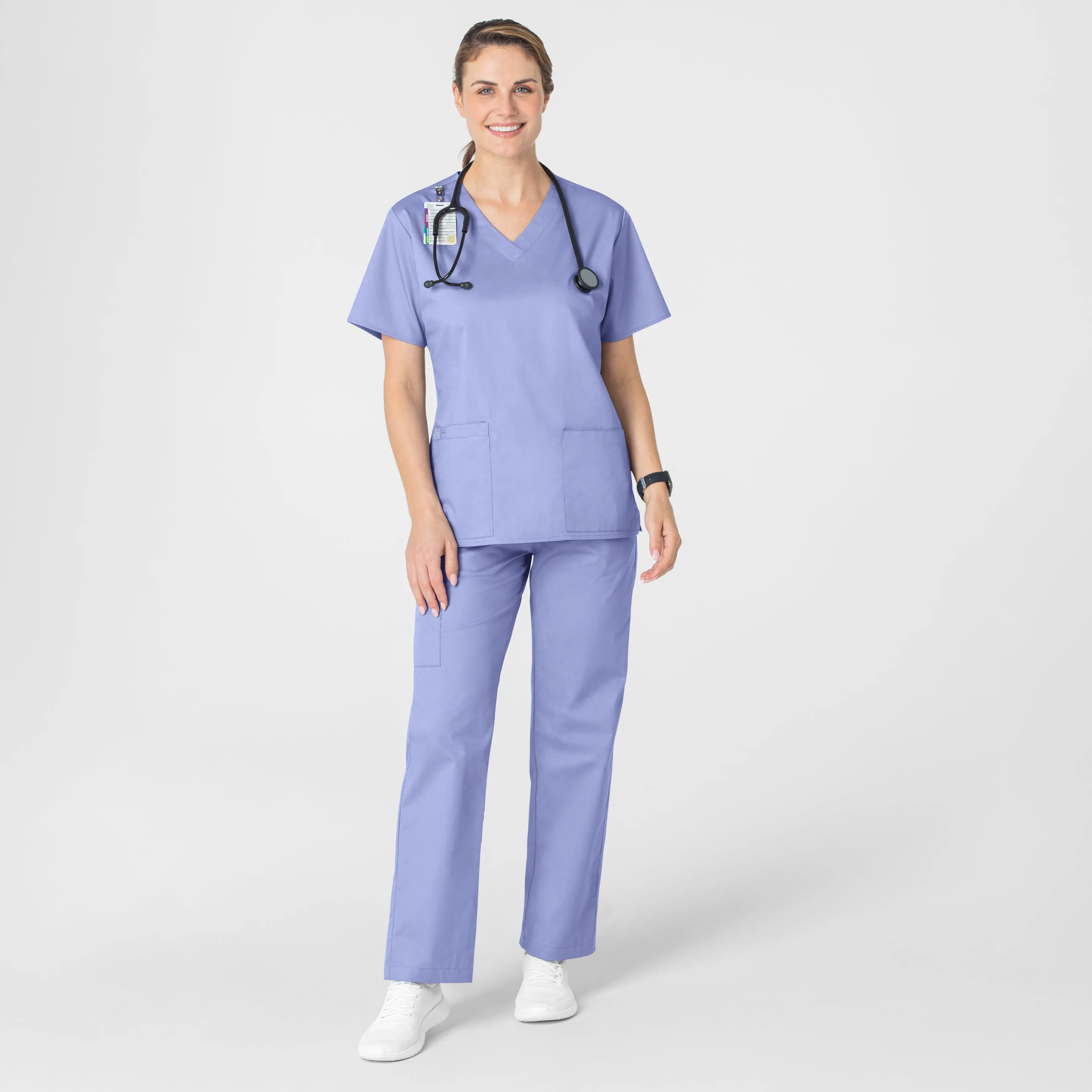 WonderWORK Women's V-Neck Scrub Top - Ceil Blue SlimFit