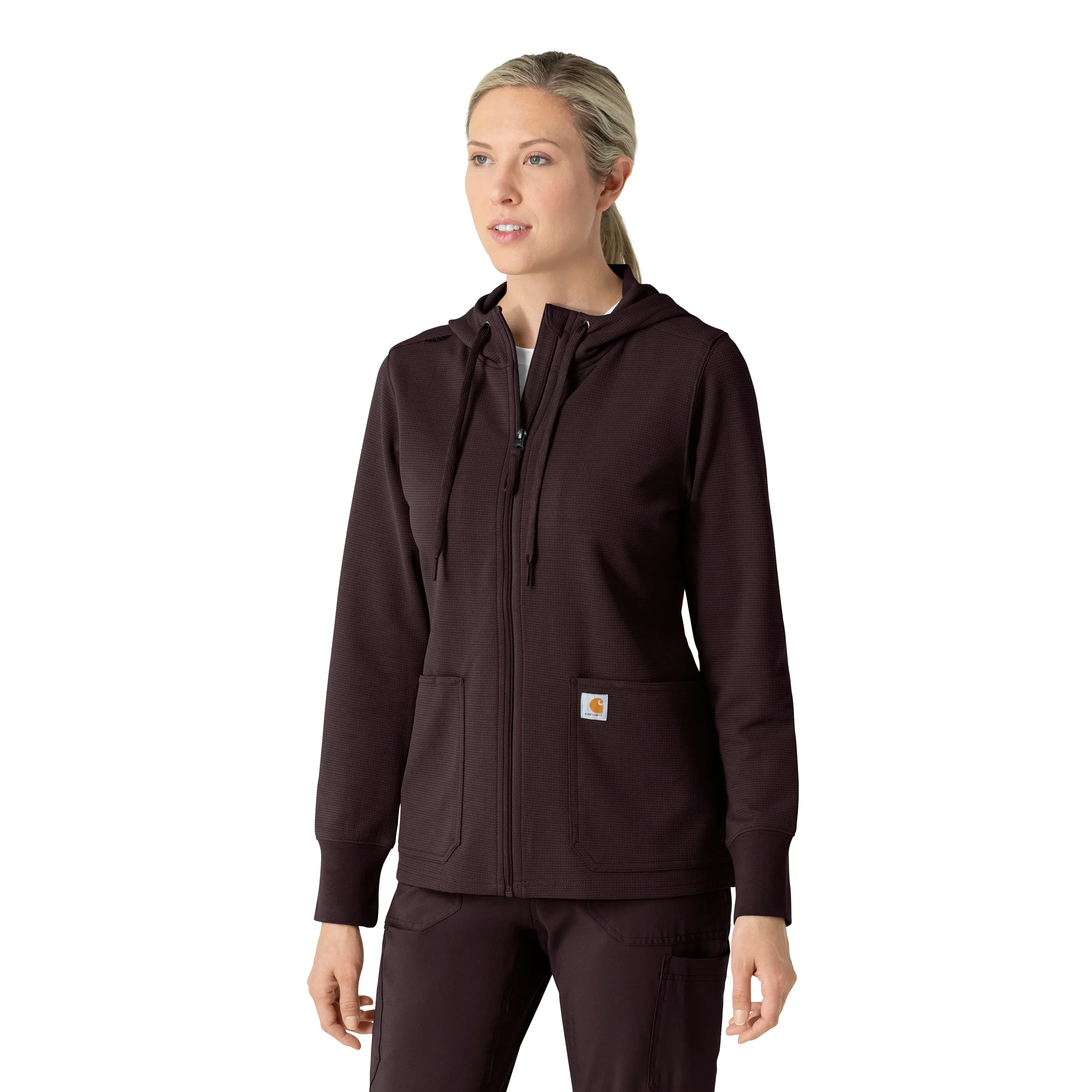 Carhartt Women's Full Zip Waffle Hoodie - Dark Sepia Contrast Stitch Accent Variable Tension Adjustment
