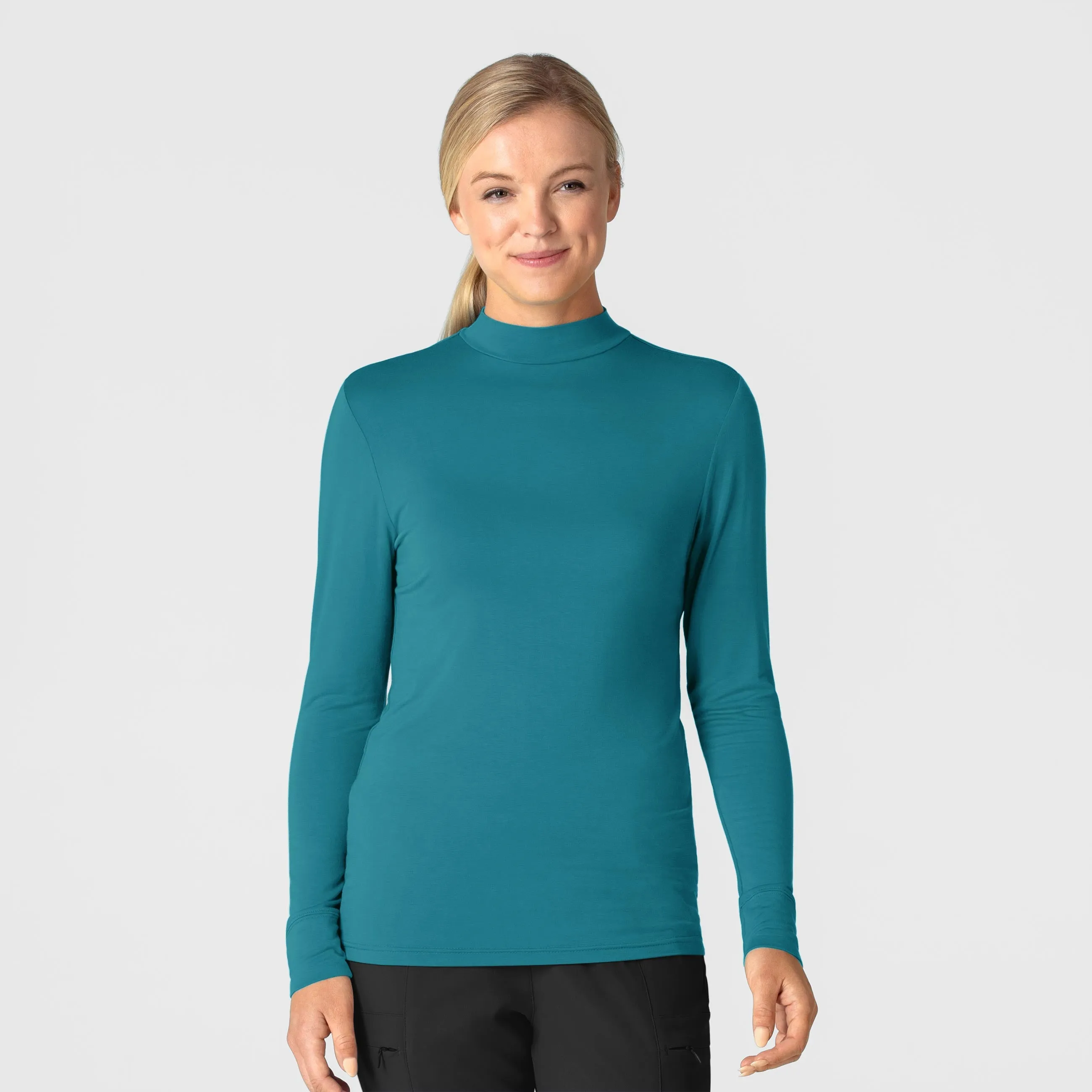 PreShrunk Fabric BrushedInnerLining Women??s Long Sleeve Mock Neck Silky Tee - Bay Blue Tee