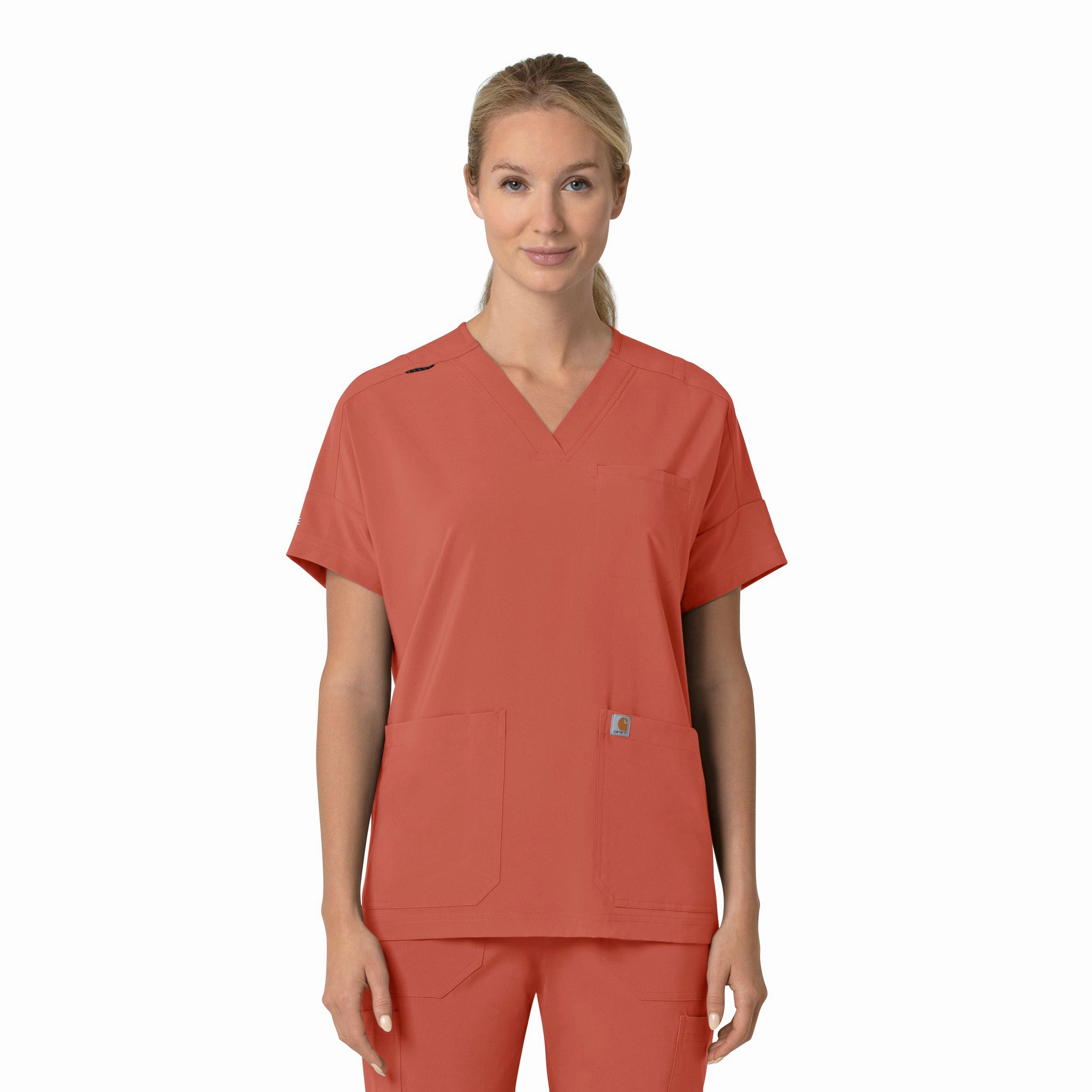 Carhartt Force Cross-Flex Women's Oversized V-Neck Scrub Top - Dusty Cedar ButtonFront