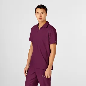 W123 Men's Collar Scrub Top - Wine Recycled Polyester Fabric