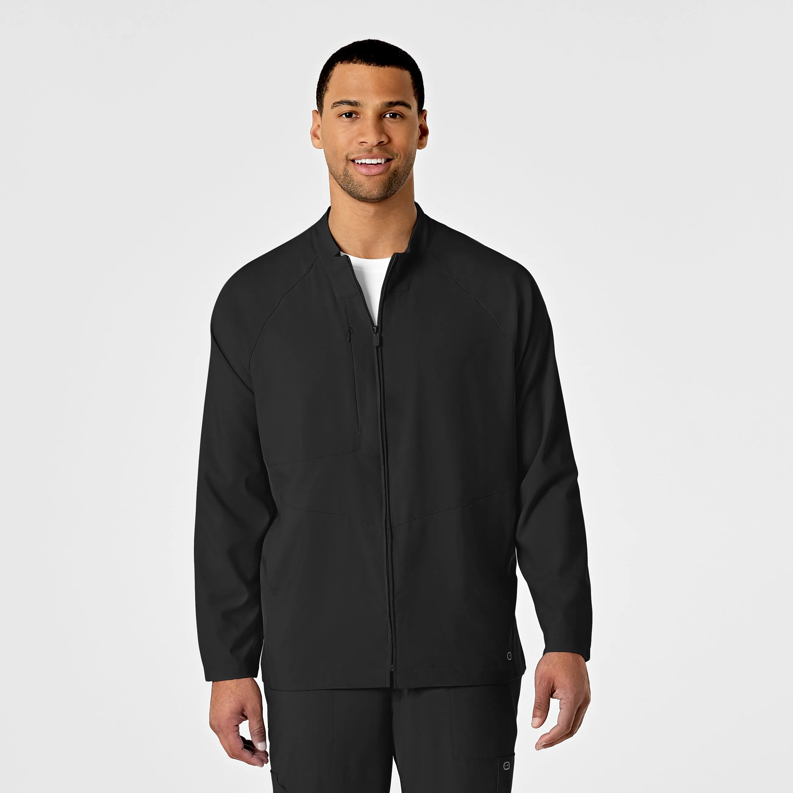 W123 Mens Zip Front Warm Up Scrub Jacket - Black DoubleLayeredCollar