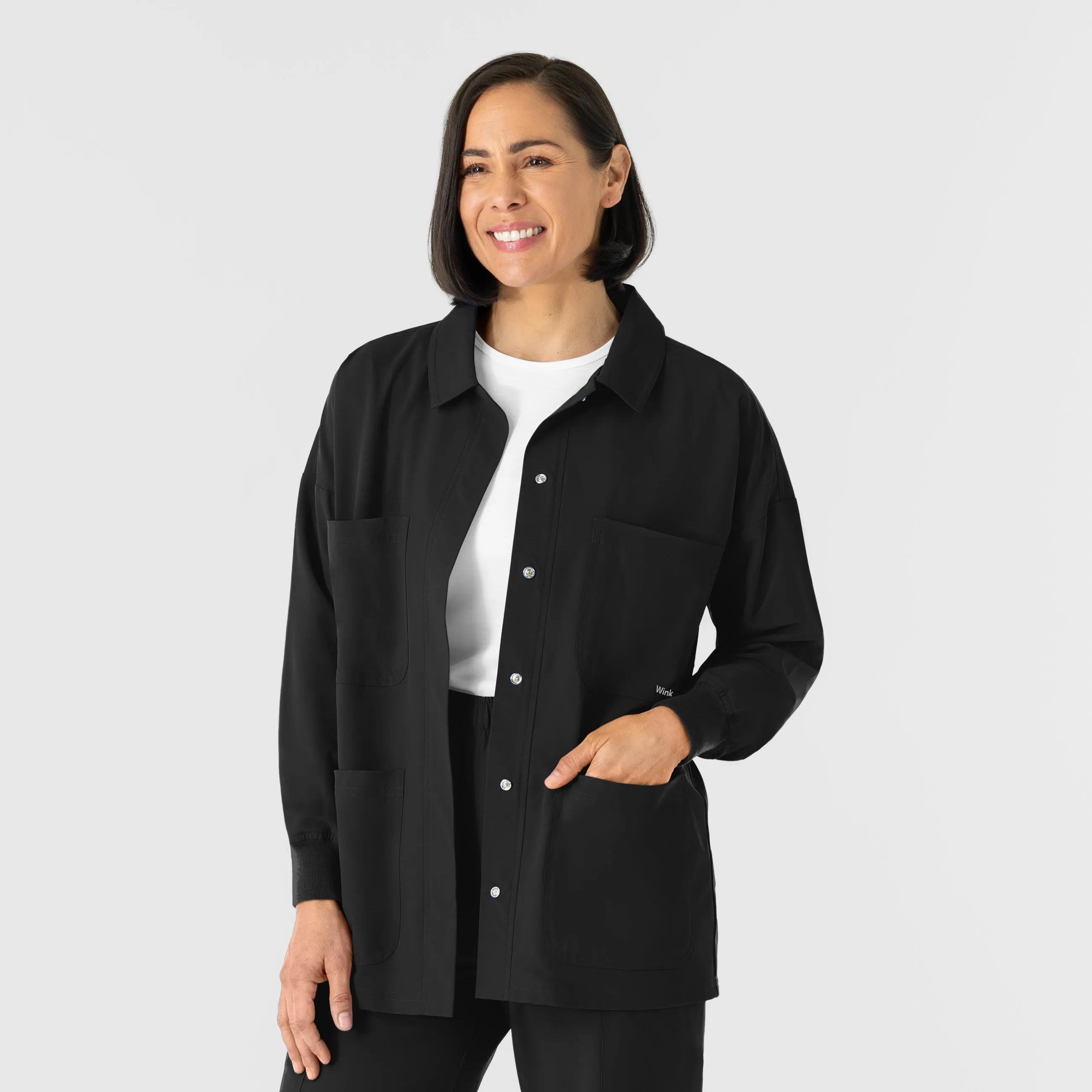 NURTUR Women??s Scrub Shirt Jacket - Black Low Profile Seaming Oversized Collar