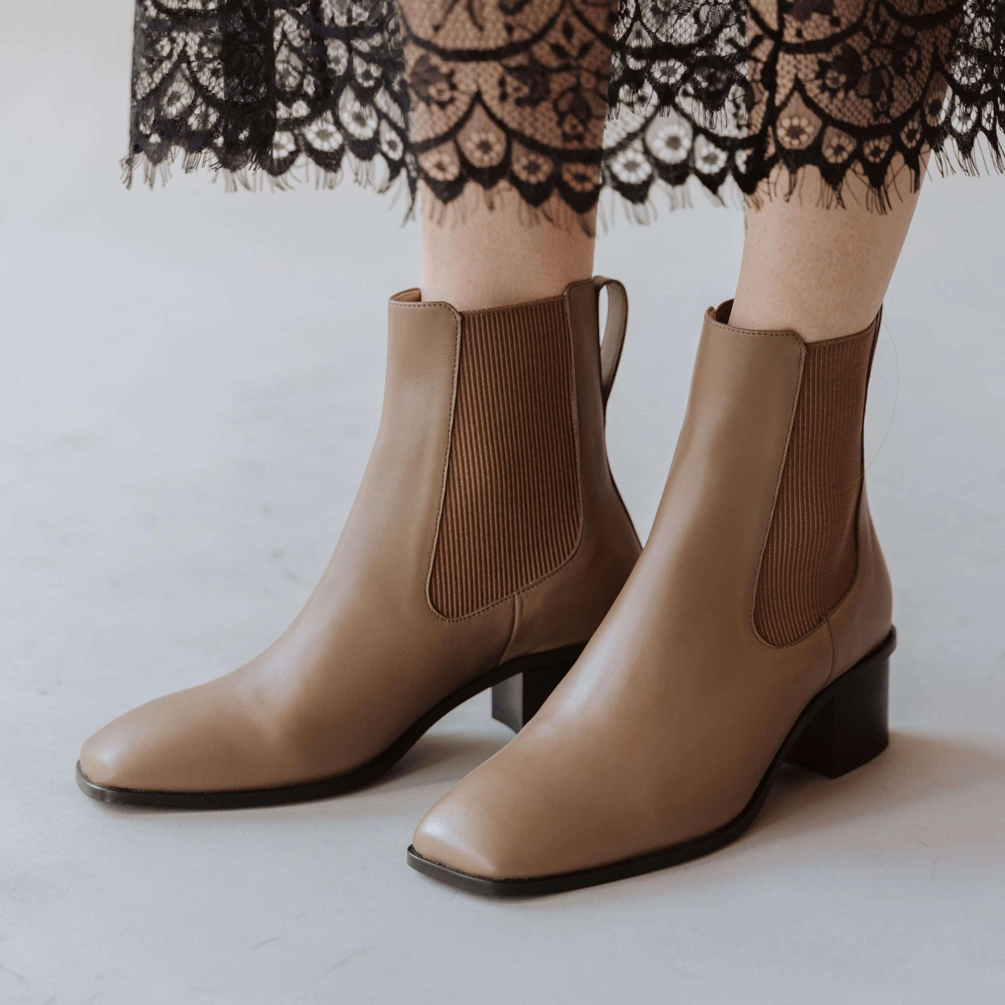 The Quinn Chelsea Boot Tundra Taupe Dressy look Feather Light Rough Terrain