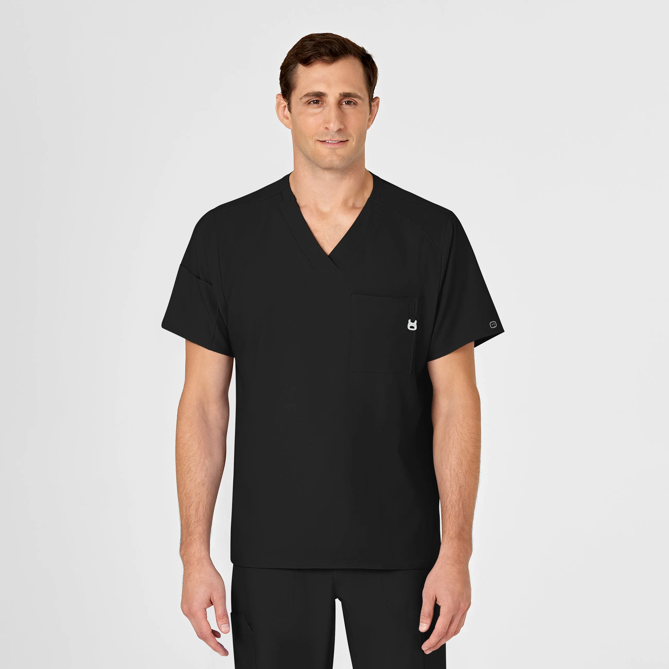 W123 Men's V-Neck Scrub Top - Black Loose Tee