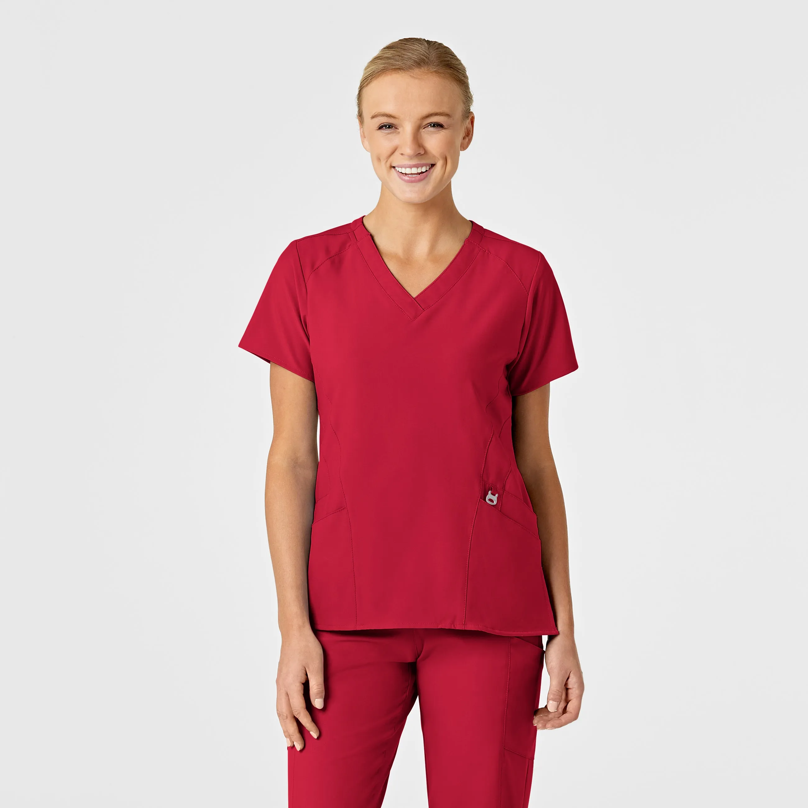 W123 Women's Stylized V-Neck Scrub Top - Red OversizedSilhouette