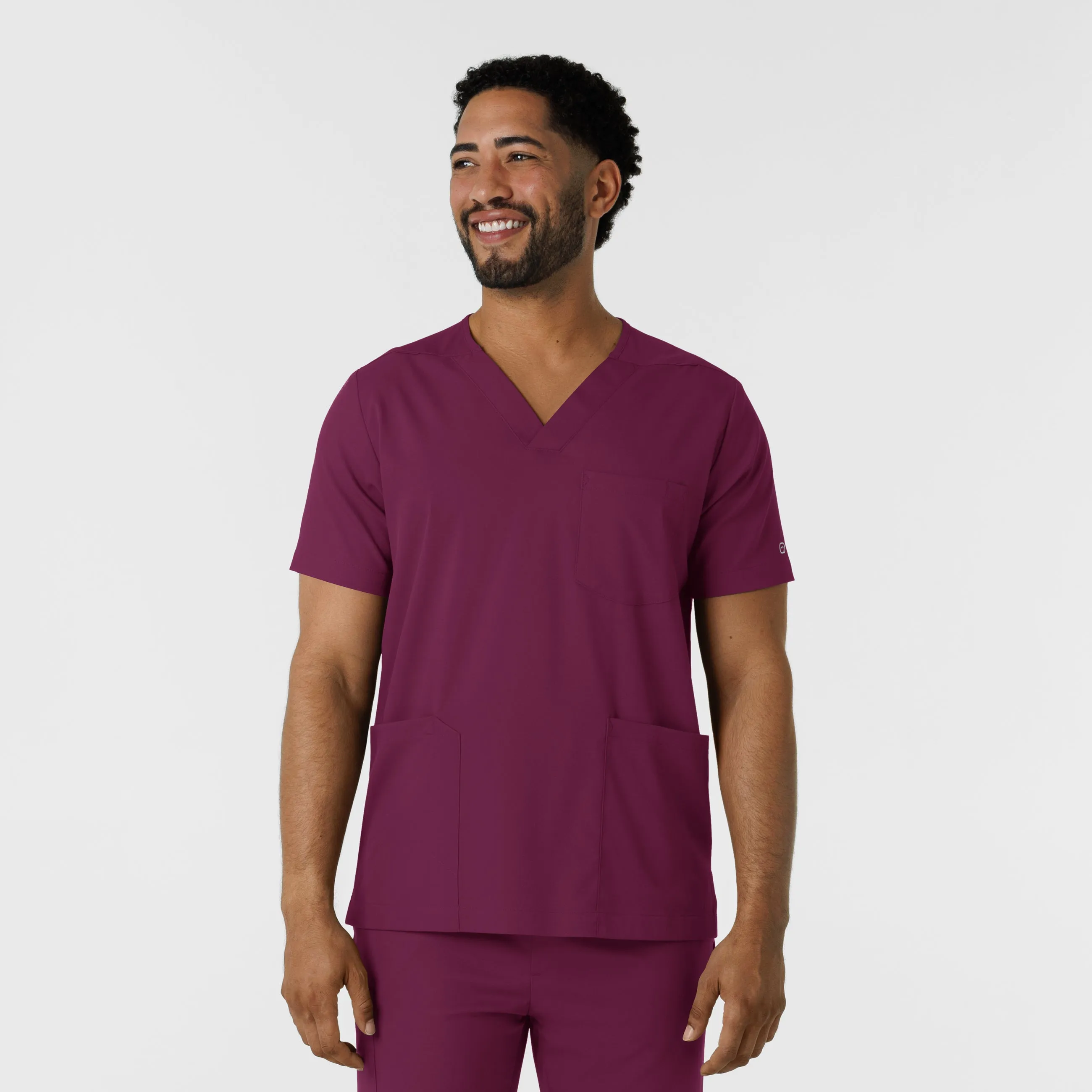 Non Chafing Edges Eco Friendly Dye Boundless Men's Multi Pocket V-Neck Scrub Top - Wine