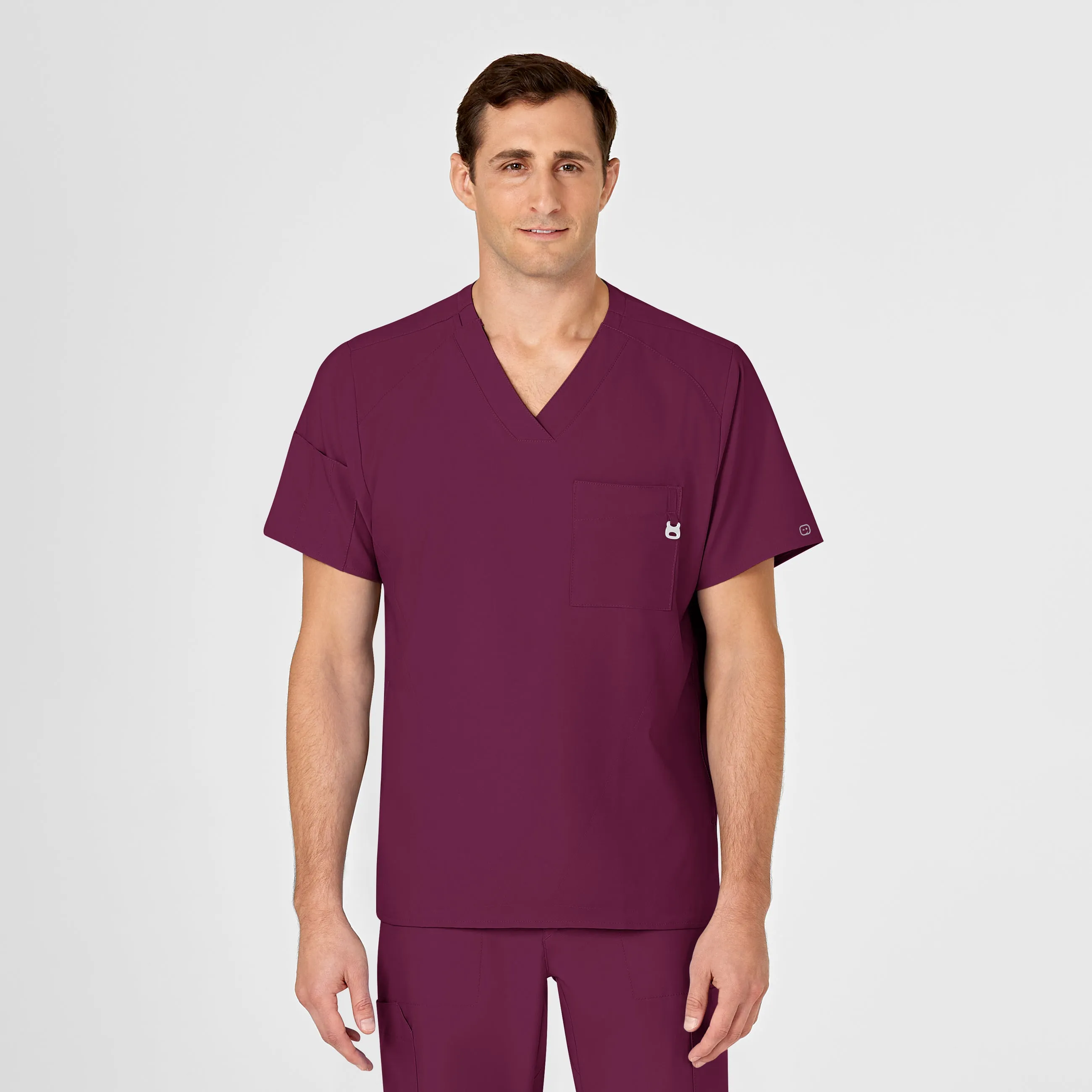 W123 Men's V-Neck Scrub Top - Wine Flexible Knit Blend Non Chafe Armholes