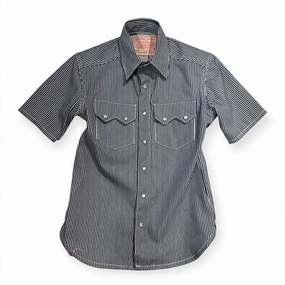 Sustainable Manufacturing Process #HIC 10oz MV Mills Hickory Stripe Saw Tooth Work Shirt Short Sleeve