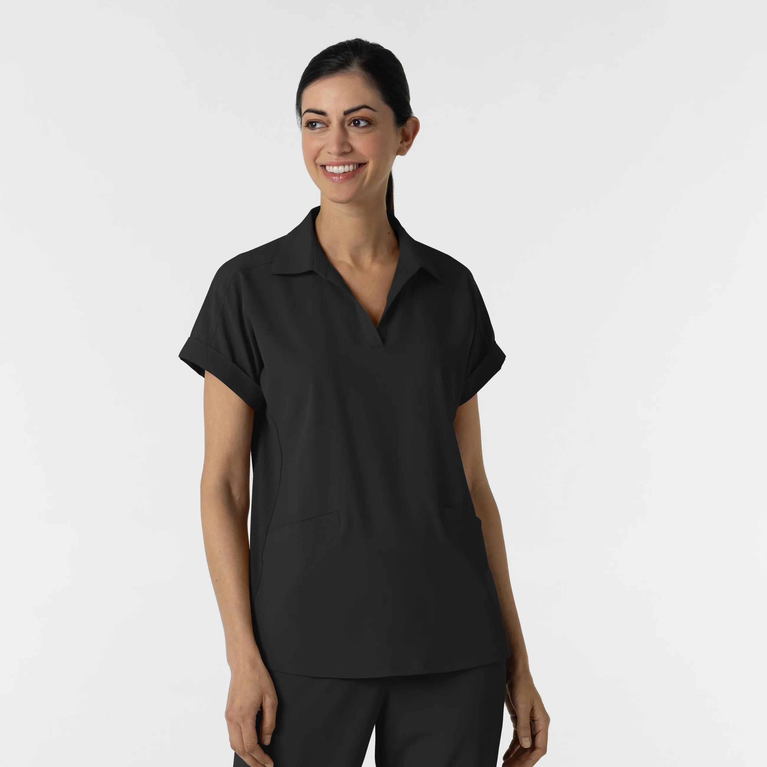 ReinforcedHems RENEW Women??s Flex-n-Reach Collar Scrub Top - Black