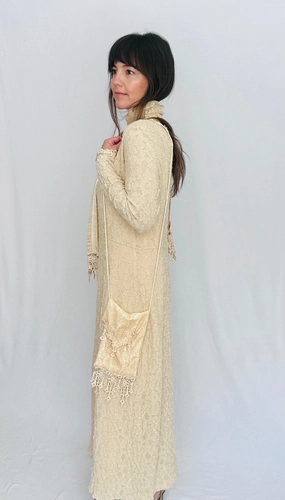 Low-Waist Layered Look Vintage Lace Dress with Matching Slip, Scarf and Bag