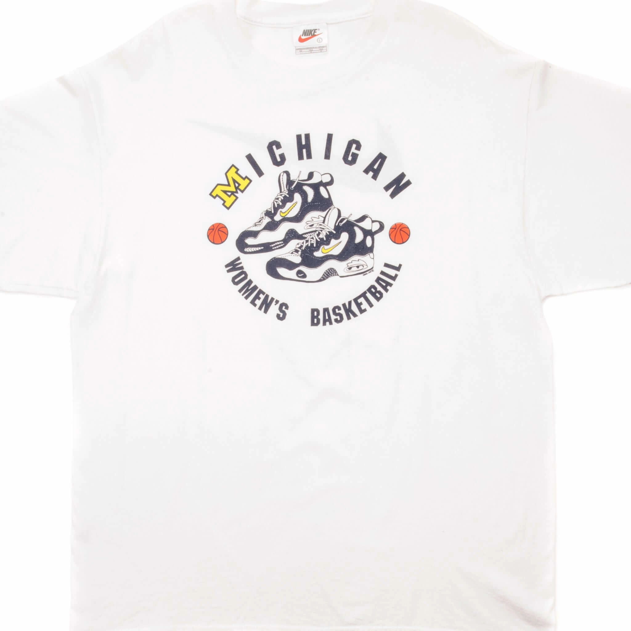 Sublimation Resistant Fabric VINTAGE NCAA NIKE MICHIGAN WOMAN BASKETBALL BIG SWOOSH 1990S TEE SHIRT LARGE