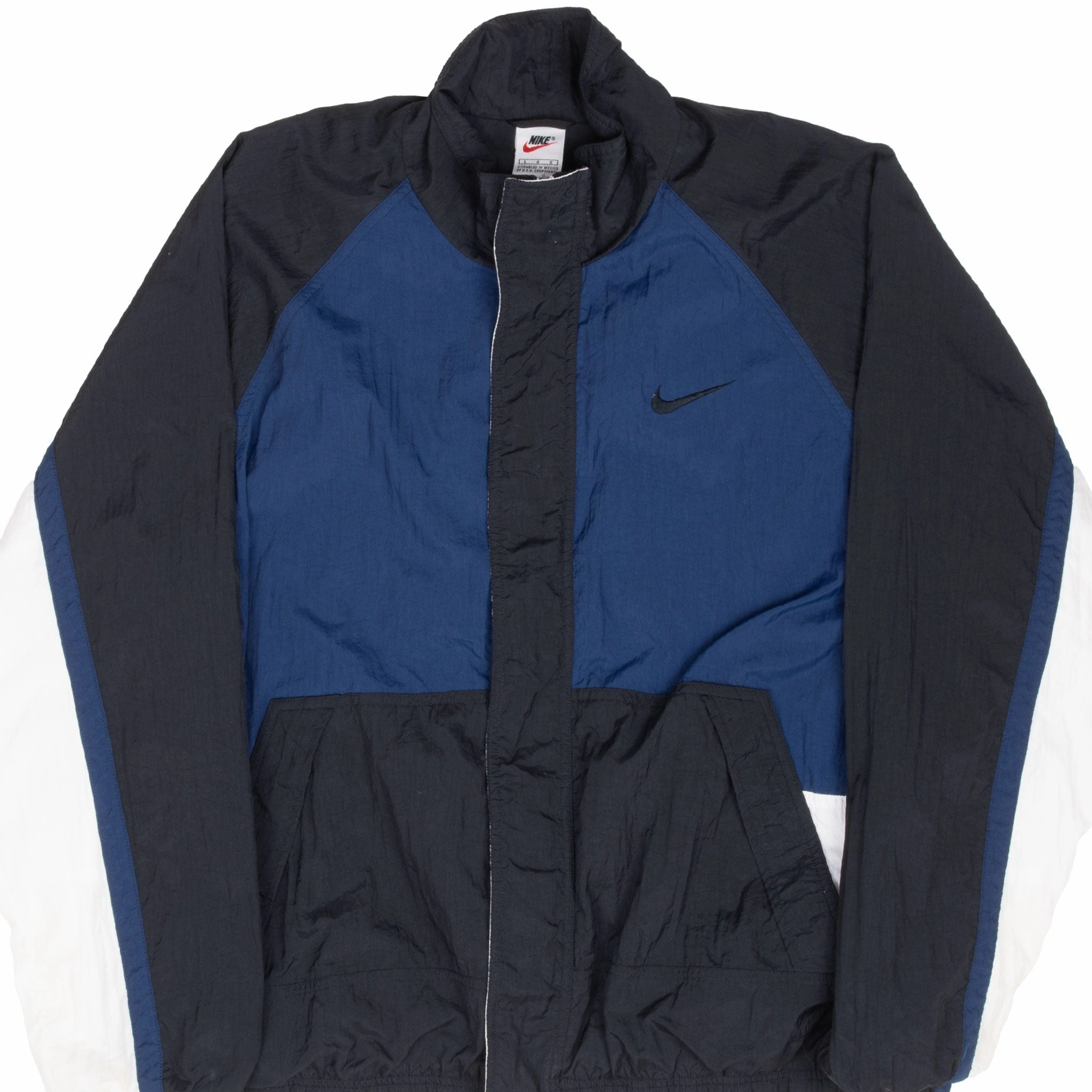 High Collar Design VINTAGE NIKE BIG SWOOSH BLUE BLACK WINDBREAKER JACKET 1990S LARGE
