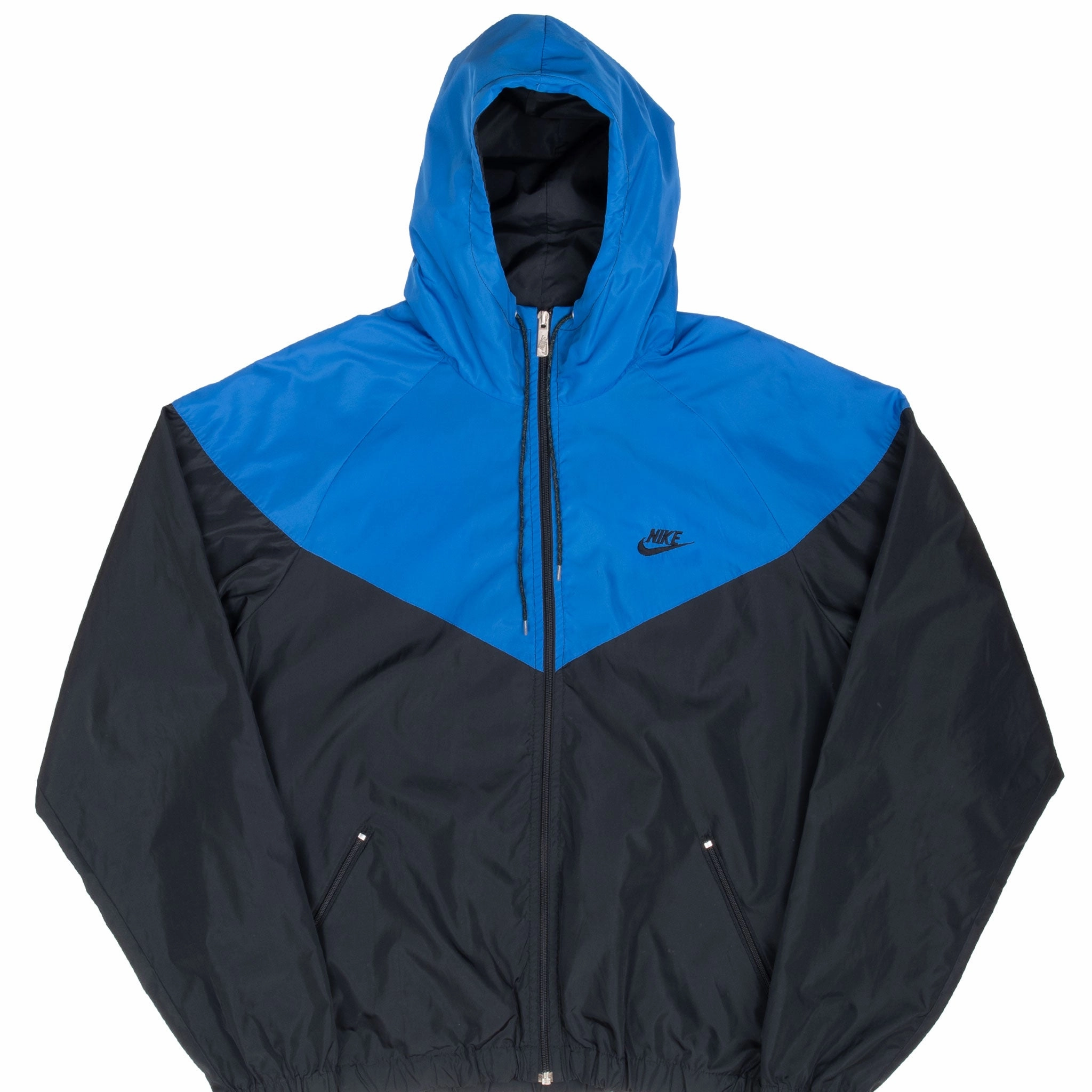 VINTAGE NIKE CLASSIC SWOOSH BLUE HOODED WINDBREAKER JACKET LATE 1980S XL Expandable Sleeve Cuffs