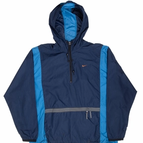 VINTAGE NIKE CLASSIC SWOOSH BLUE PULLOVER WINDBREAKER HOODED JACKET 1990S XL Bill