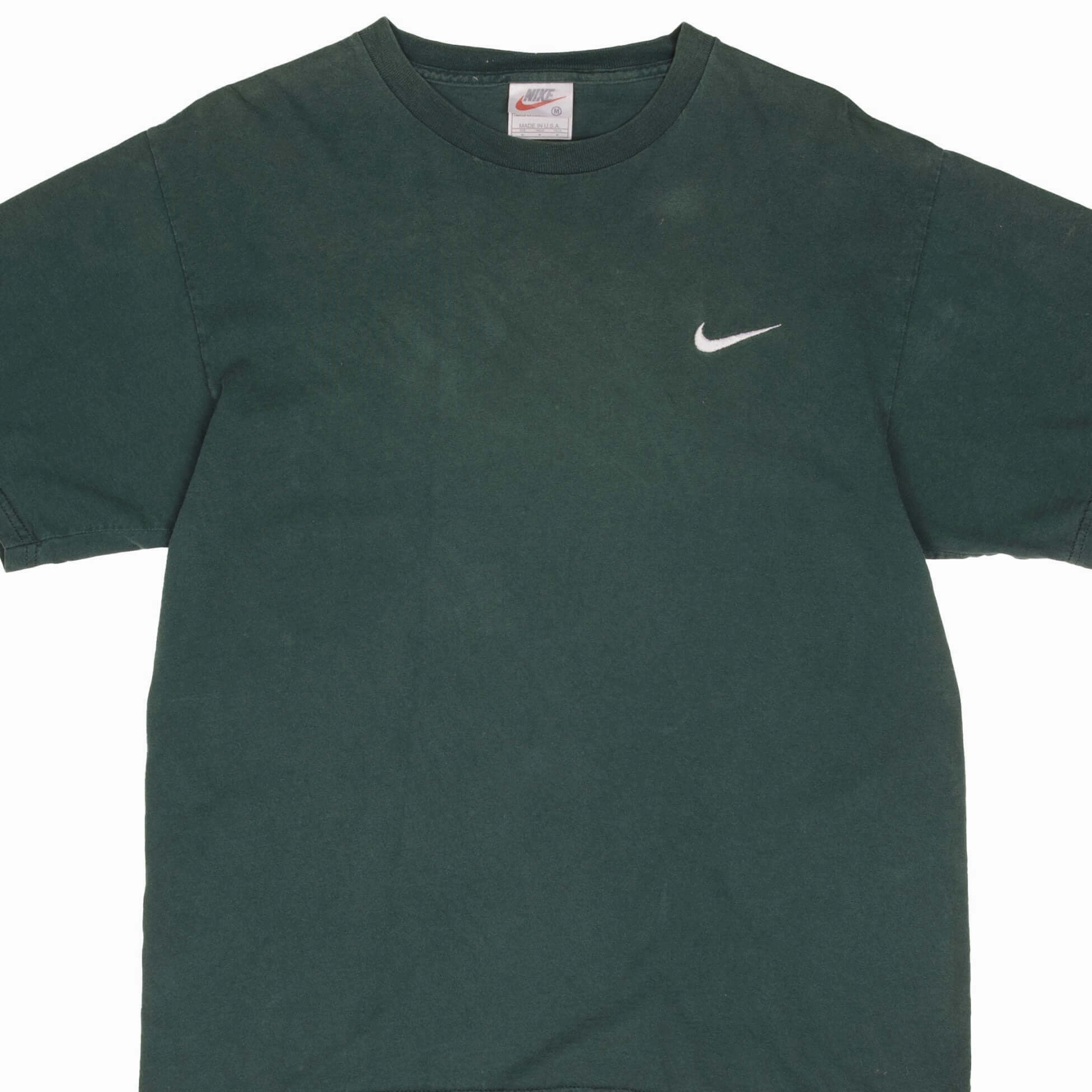 VINTAGE NIKE CLASSIC SWOOSH GREEN TEE SHIRT LATE 1990S MEDIUM MADE IN USA Relaxed Armhole Cut Bright Color
