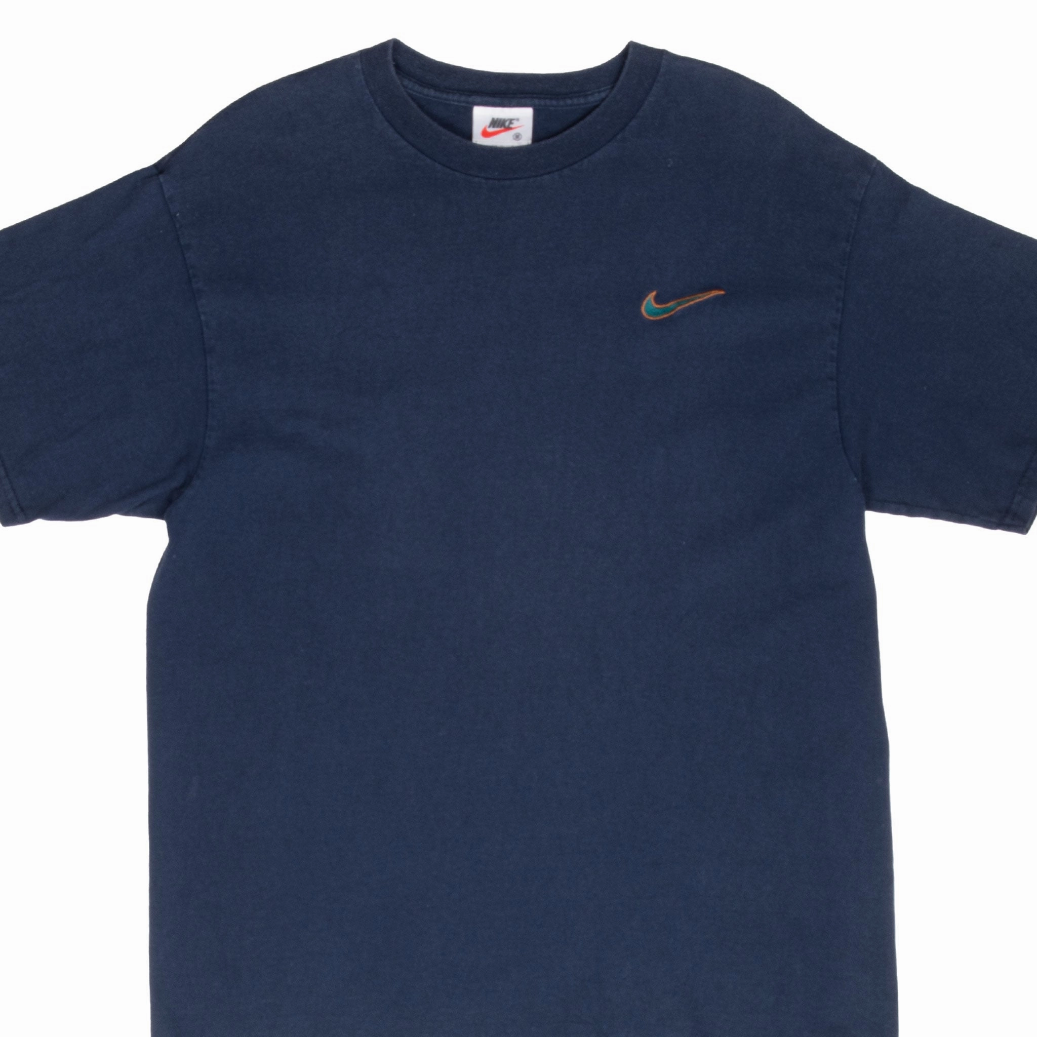 VINTAGE NIKE CLASSIC SWOOSH NAVY BLUE TEE SHIRT 1990S MEDIUM MADE IN USA All Day Wear