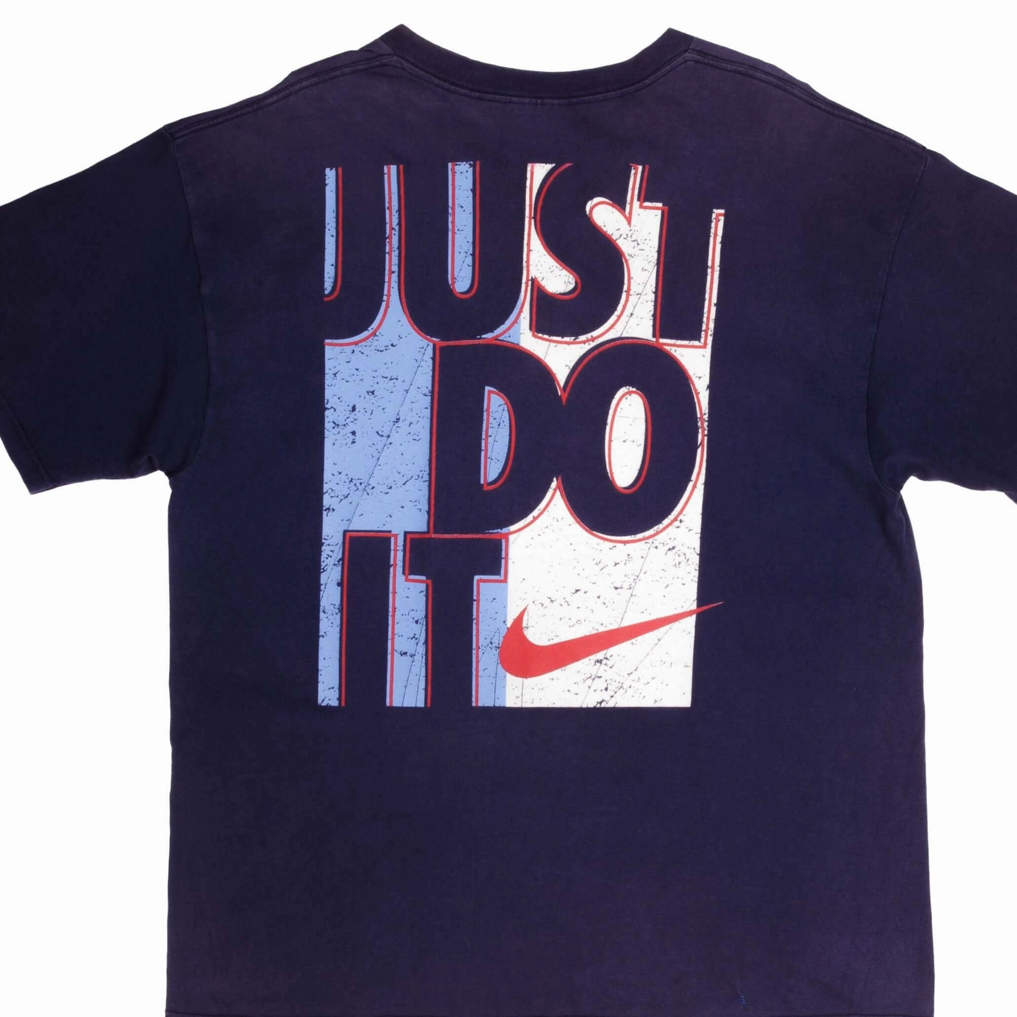 Multi Directional Stretch VINTAGE NIKE JUST DO IT BLUE TEE SHIRT LATE 1990S LARGE MADE IN USA