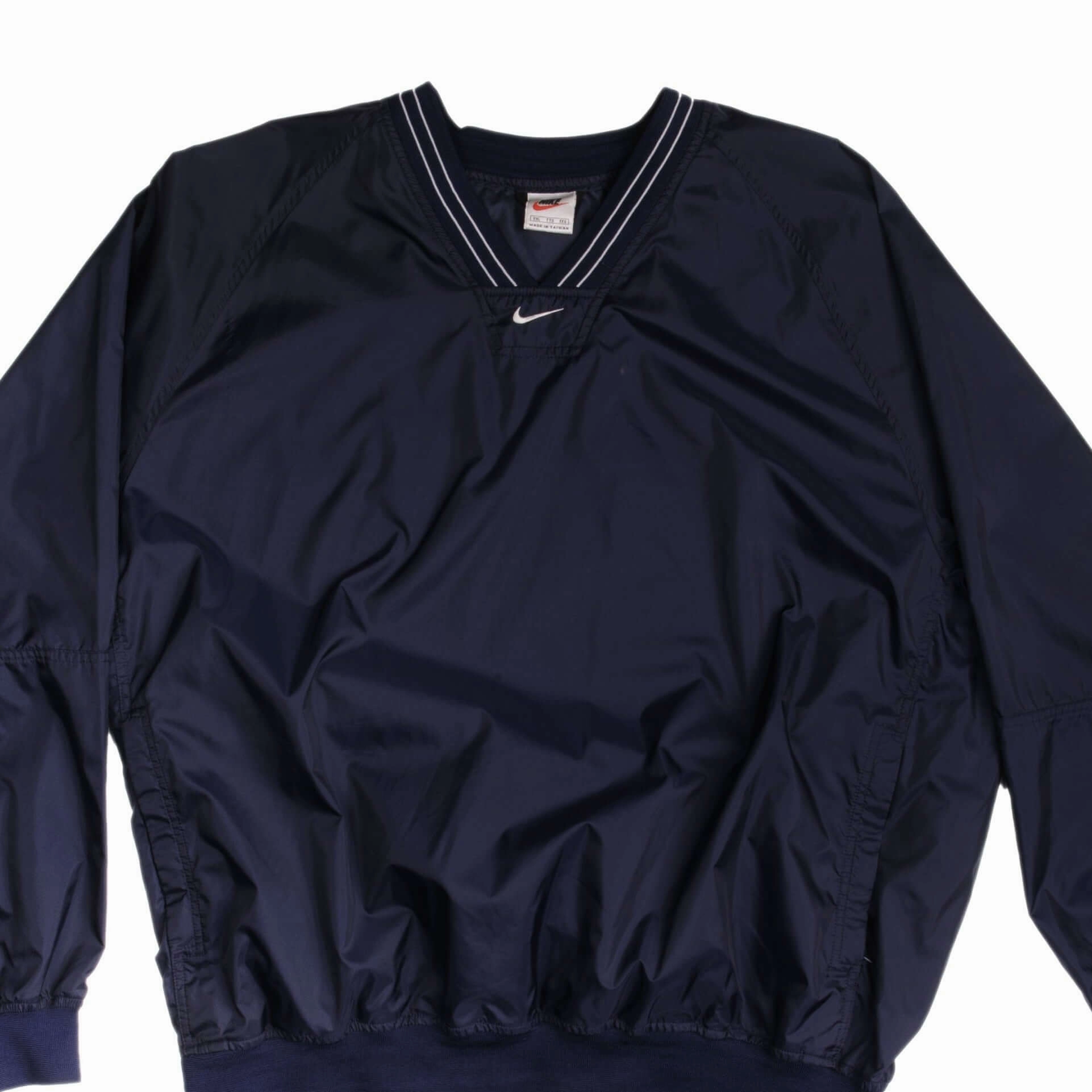 Stretch Knit Fabric VINTAGE NIKE WINDBREAKER PULLOVER CENTER SWOOSH NAVY BLUE JACKET 1990S SIZE 2XL