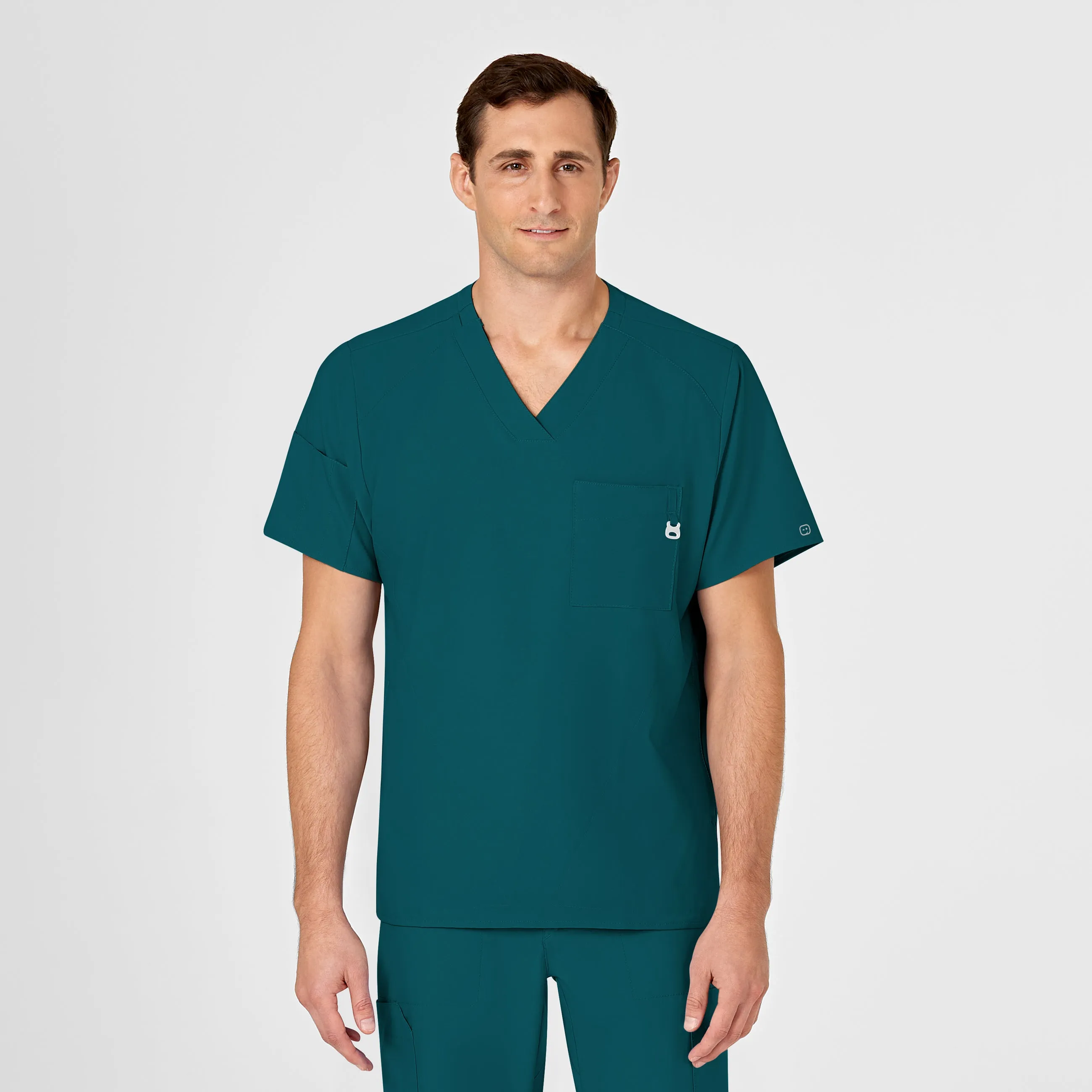 Breathable Microfiber Contrast Topstitching Detail W123 Men's V-Neck Scrub Top - Caribbean