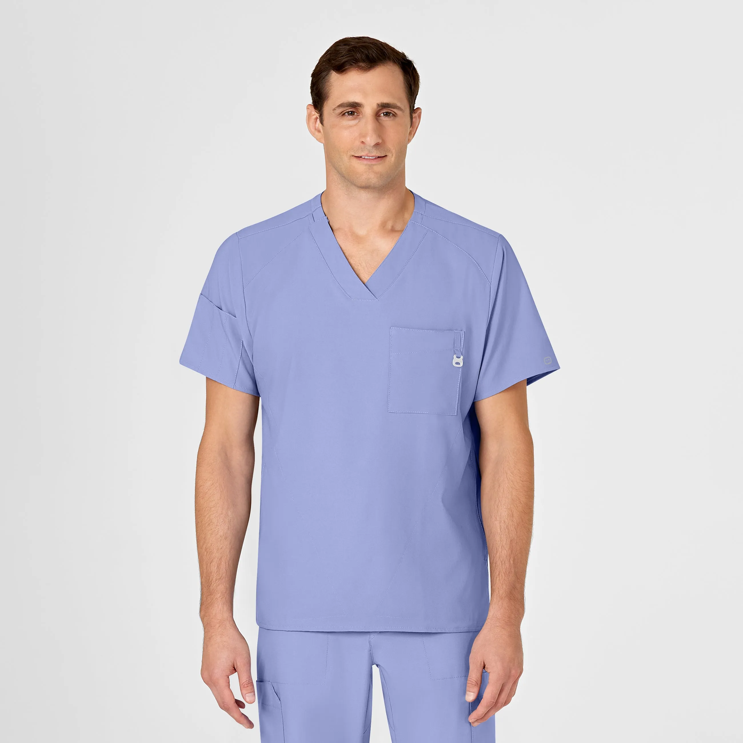 W123 Men's V-Neck Scrub Top - Ceil Blue LaserCut Edges RecycledBlend