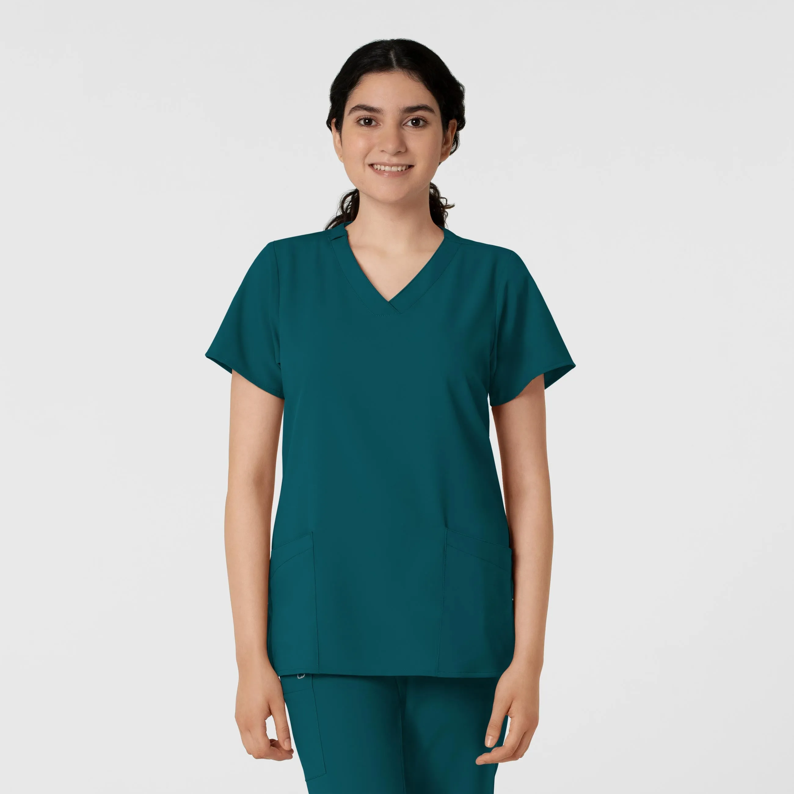 W123 Women's Classic V-Neck Scrub Top - Caribbean DoubleLayeredCollar