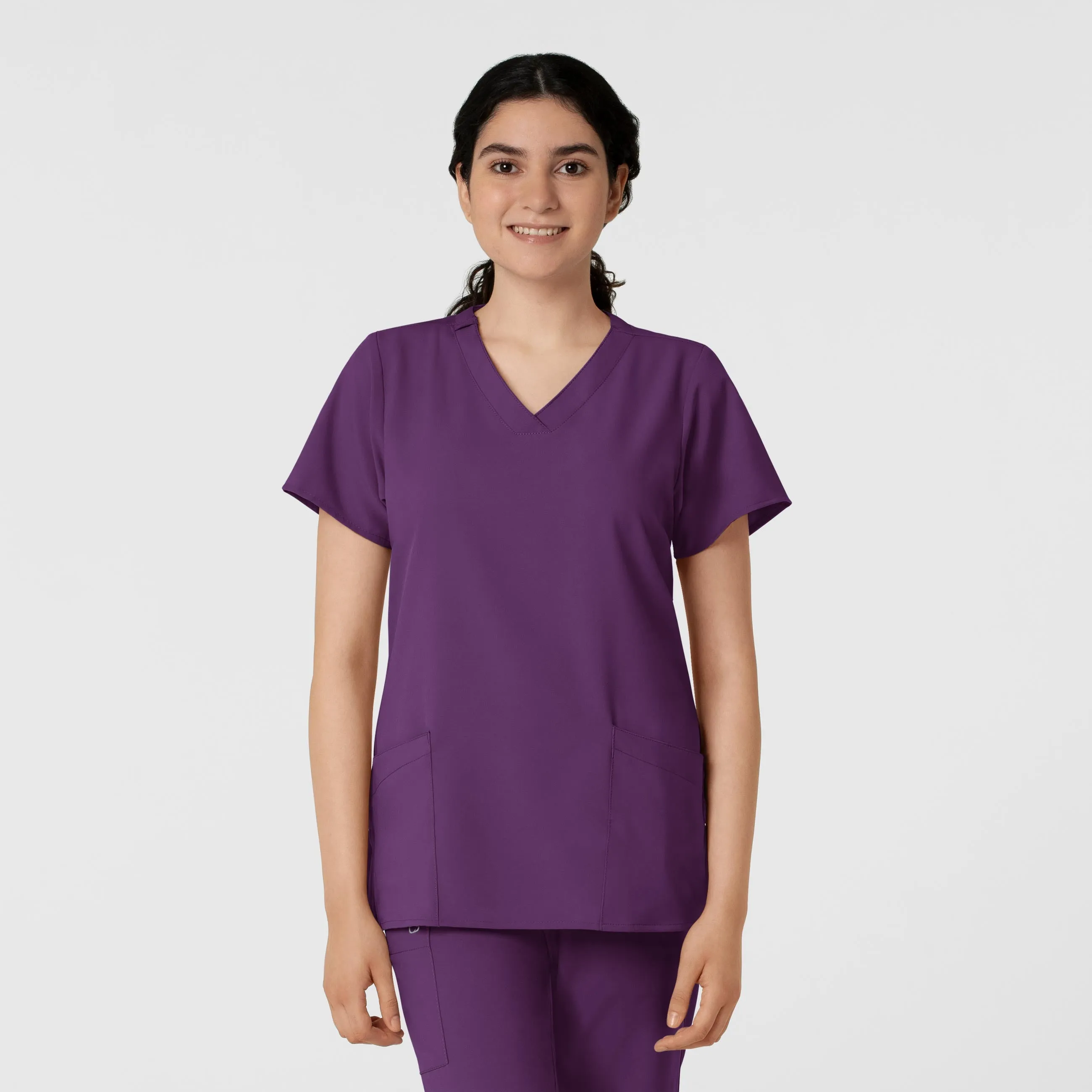W123 Women's Classic V-Neck Scrub Top - Eggplant Ergonomic Pattern Design