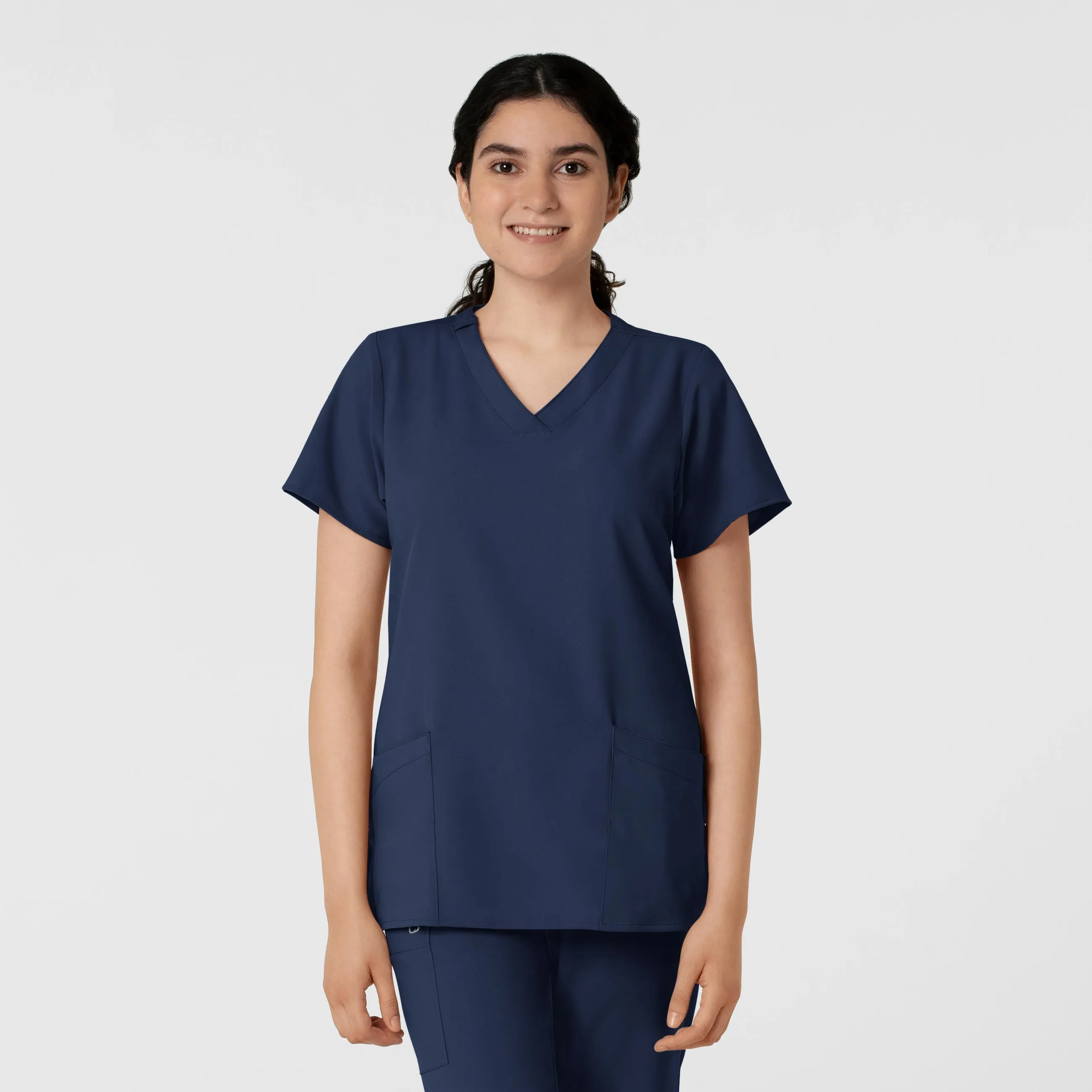 W123 Women's Classic V-Neck Scrub Top - Navy MultipanelLayout