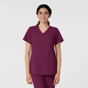 W123 Women's Classic V-Neck Scrub Top - Wine Low Profile Seaming