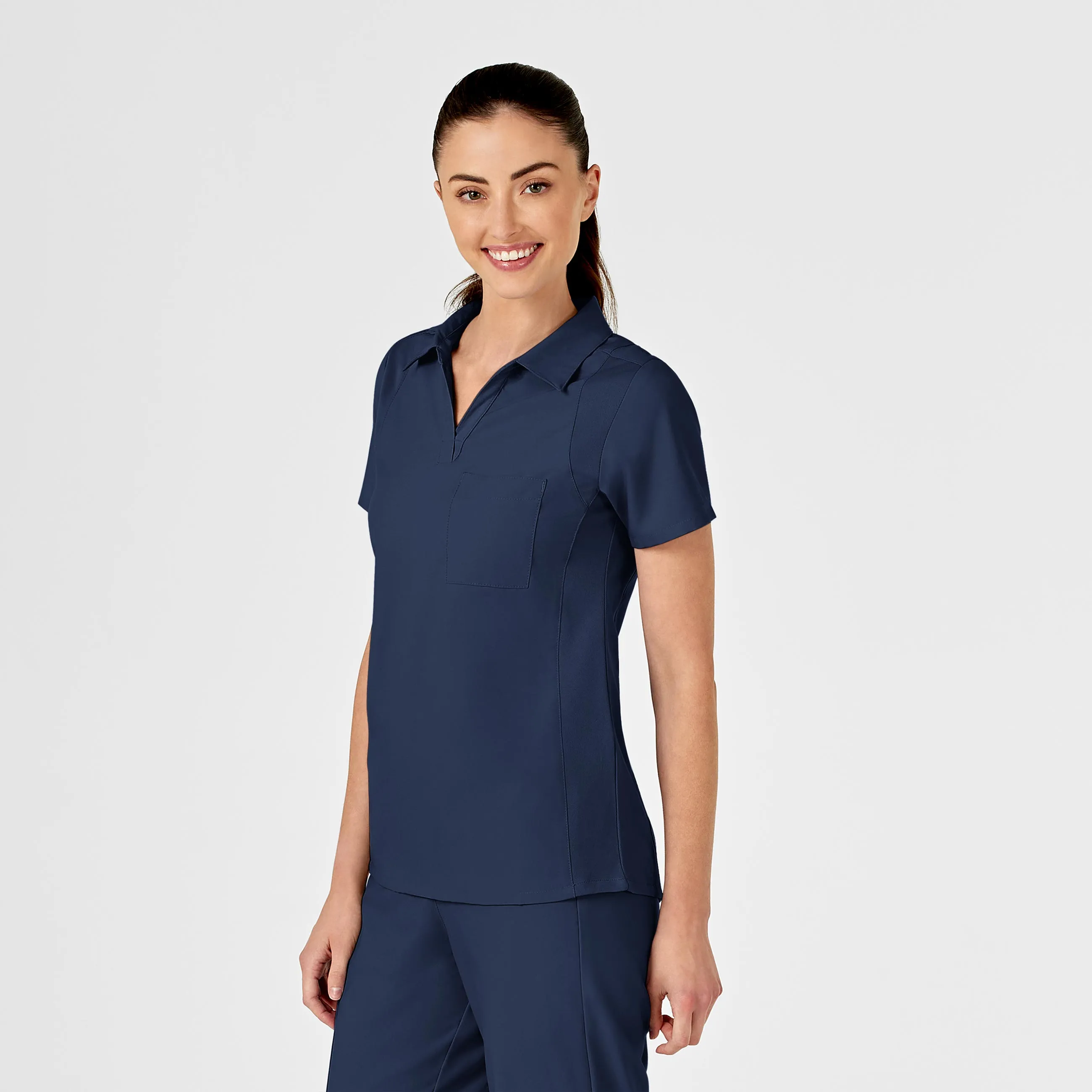 W123 Women's Collar Scrub Top - Navy Long Sleeve Shirt Basic Wardrobe