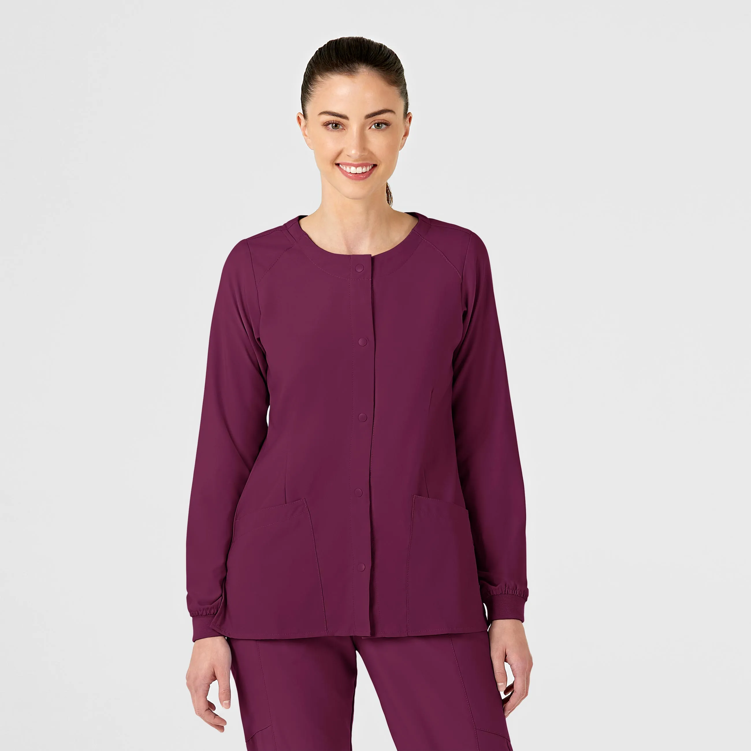 W123 Women's Crew Neck Warm Up Scrub Jacket - Wine Versatile Layering VersatileNeckline