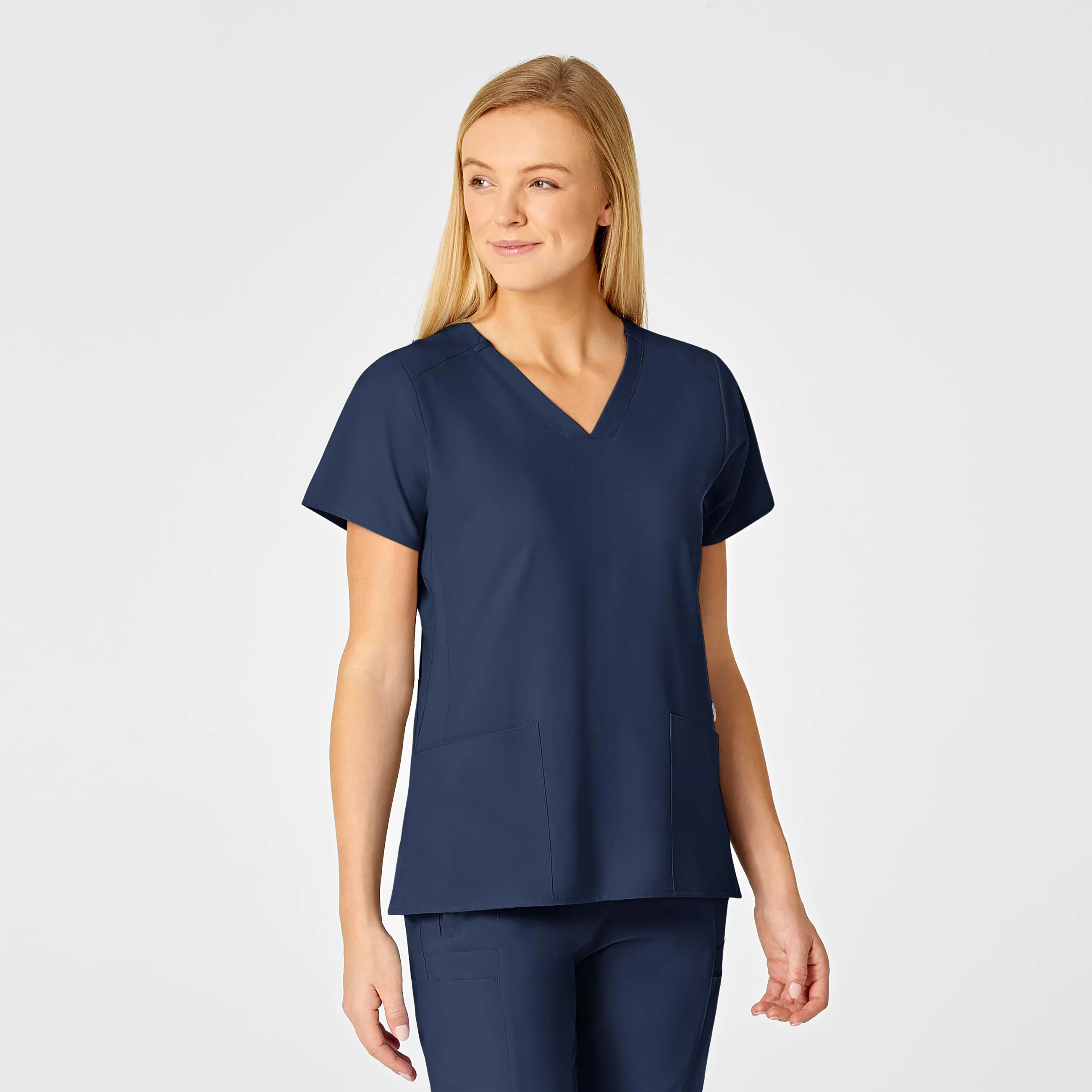 ReinforcedHem Non Irritating Seam Finish W123 Women's Flex Back Fashion V-Neck Scrub Top - Navy