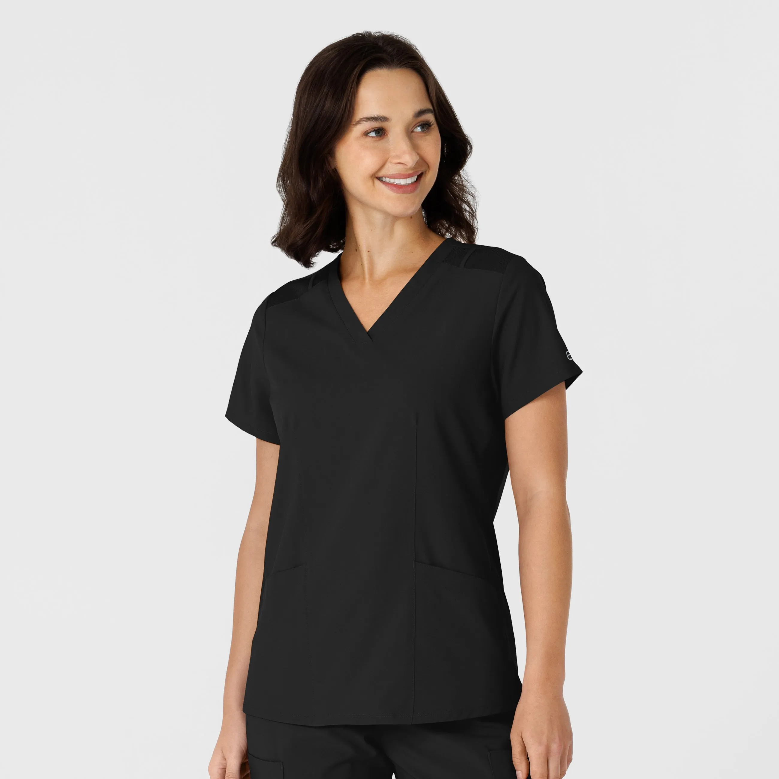 W123 Women's Flex-n-Reach Side Panel V-Neck Scrub Top - Black Bold Design WrinkleResistant