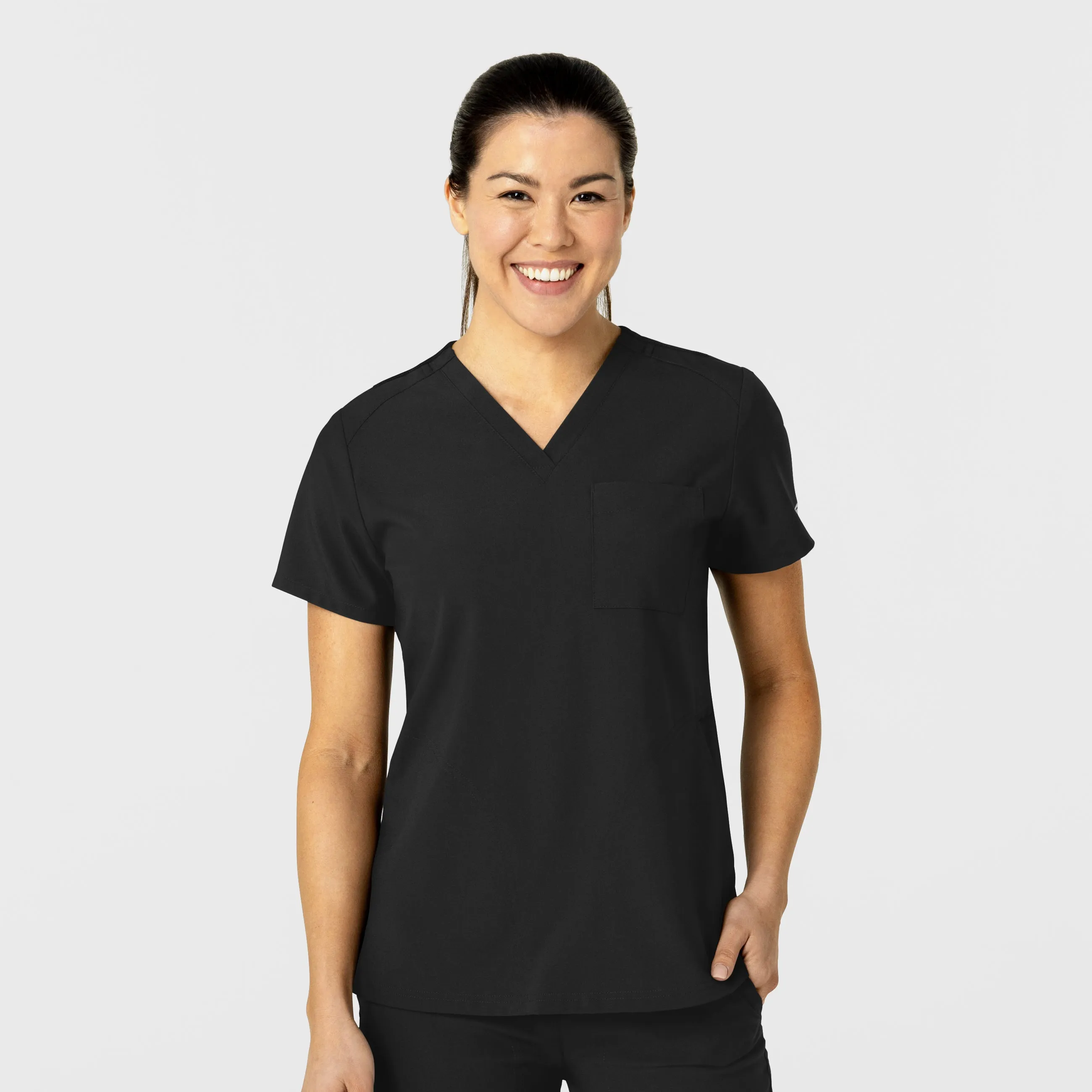 W123 Women's Flex-n-Reach V-Neck Scrub Top - Black Flexible Shoulder Gusset