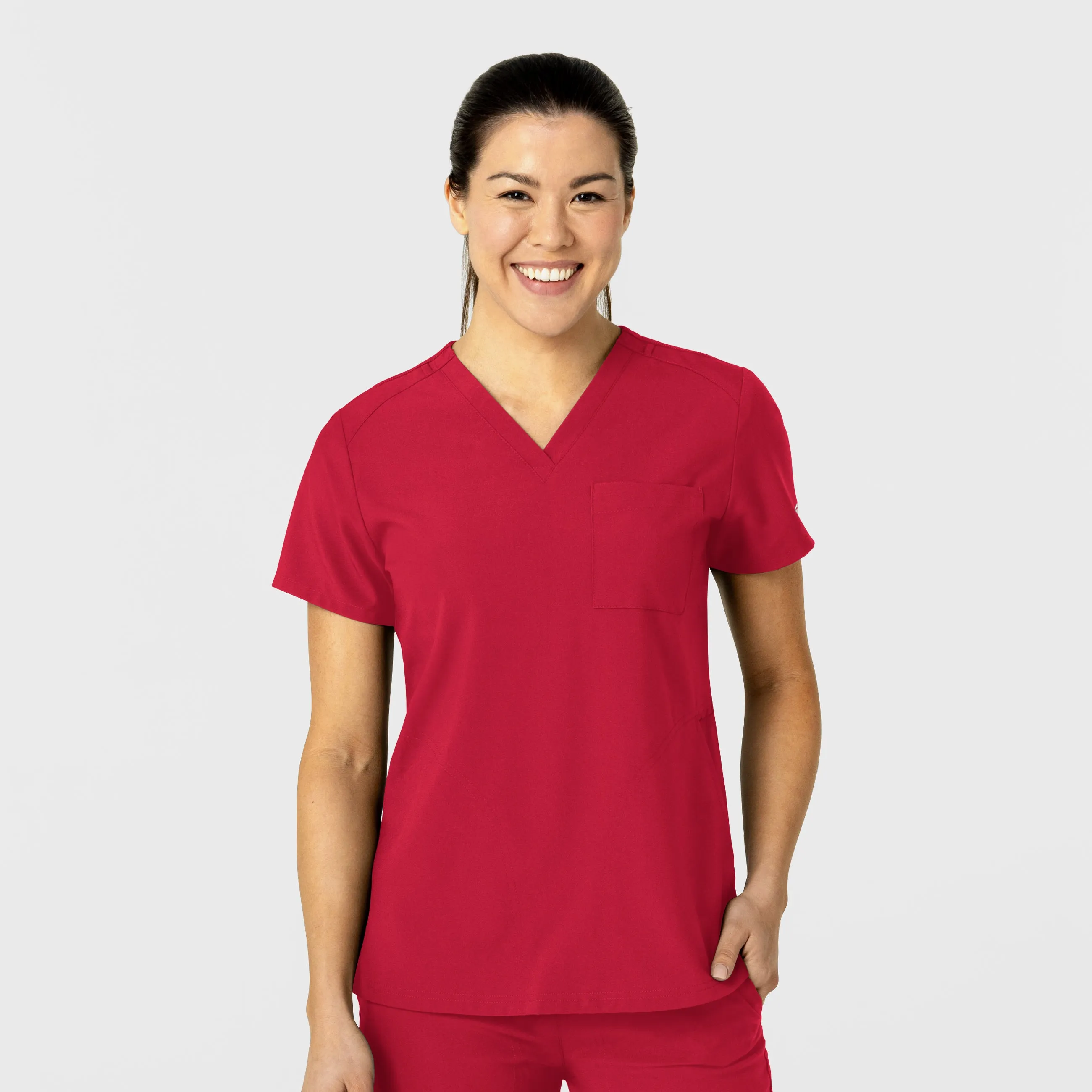 W123 Women's Flex-n-Reach V-Neck Scrub Top - Red NonRestrictive Armholes DualLayer Weave