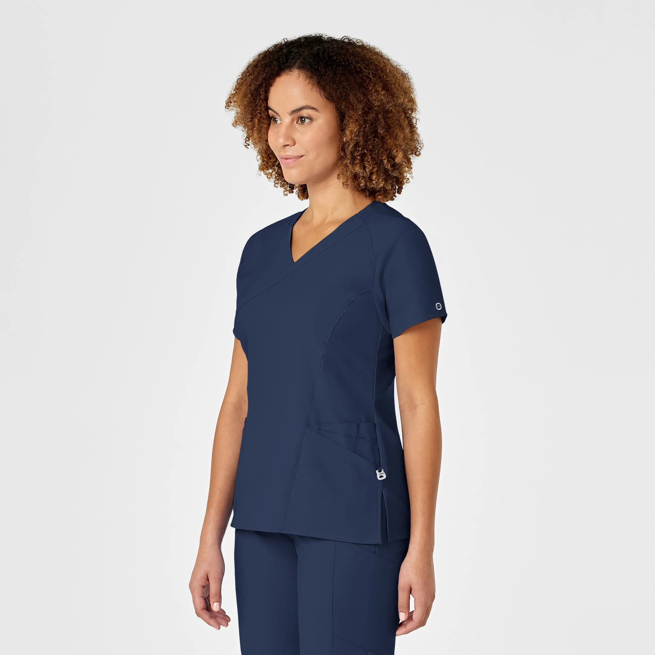 RibbedTrims Quick Dry Fabric W123 Women's Mock Wrap Scrub Top - Navy